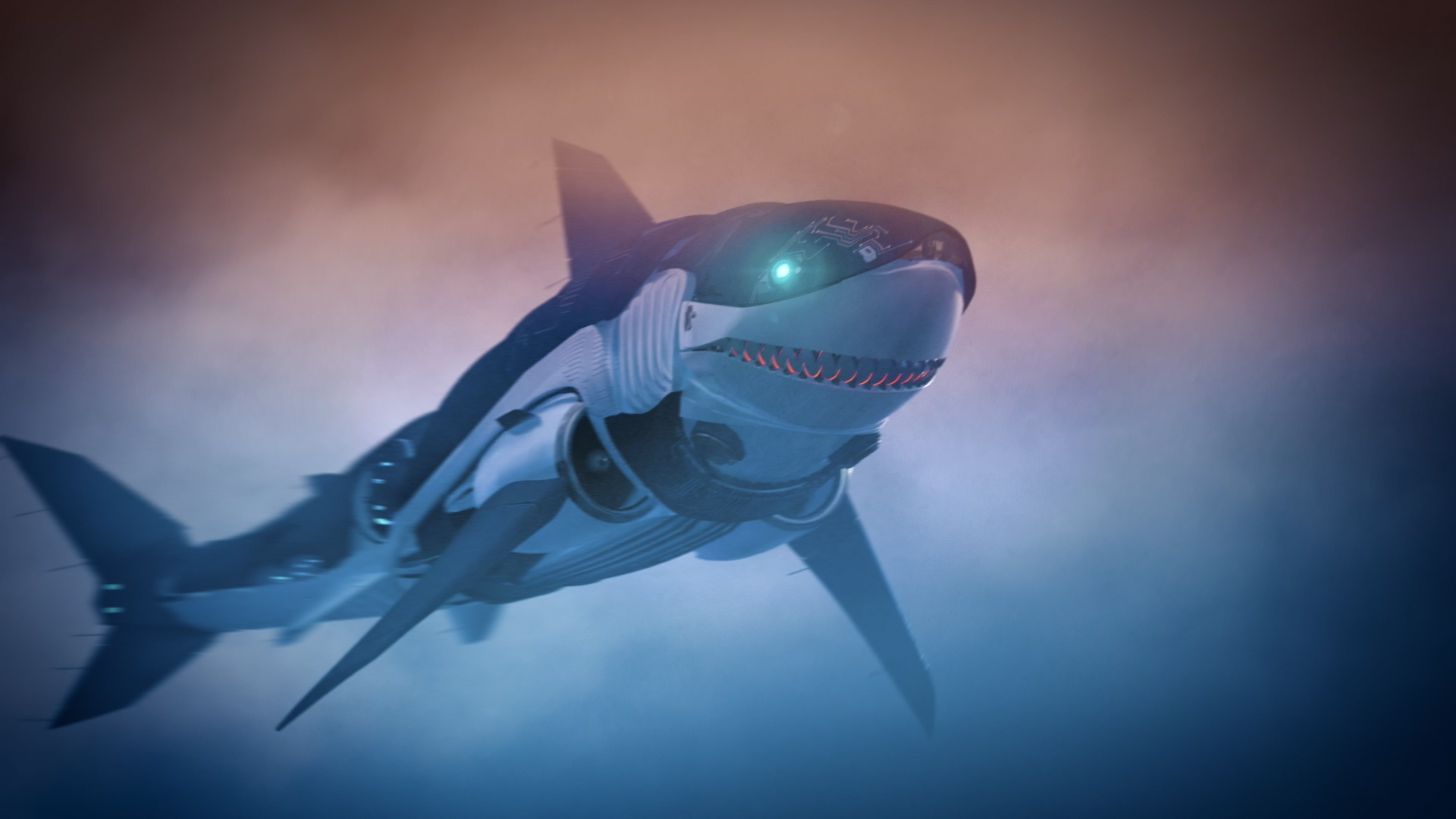 A robotic shark with a sleek, metallic body and glowing eyes, swimming in the ocean with a futuristic design.