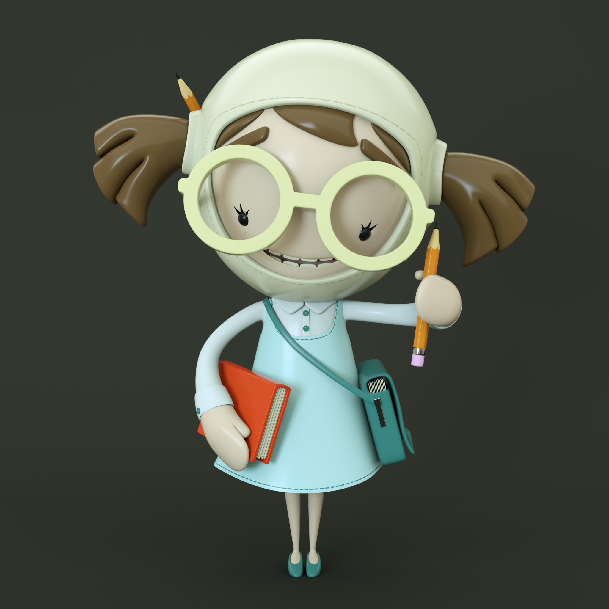 Cartoon character of a young girl with brown pigtails, large yellow glasses, holding a red book and a pencil, wearing a light blue dress, with a small blue backpack, standing against a dark background.