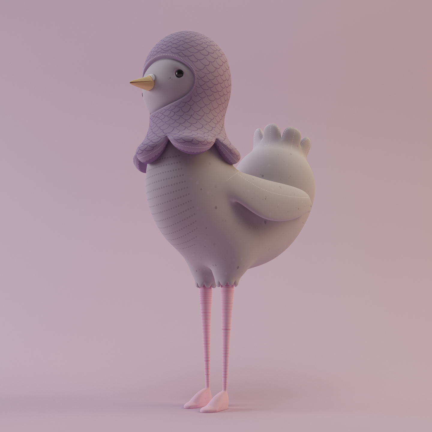 A whimsical sculpture combining a bird and a humanoid figure with bird legs, a bird head, and a sheathed face with purple feathers, set against a soft pink background.