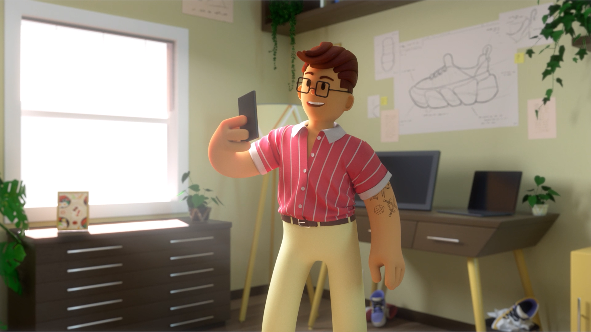 Animated character with brown hair, glasses, wearing a pink and white striped shirt, smiling and taking a selfie with a smartphone in a modern, well-lit room with plants, drawings, and two computer screens in the background.
