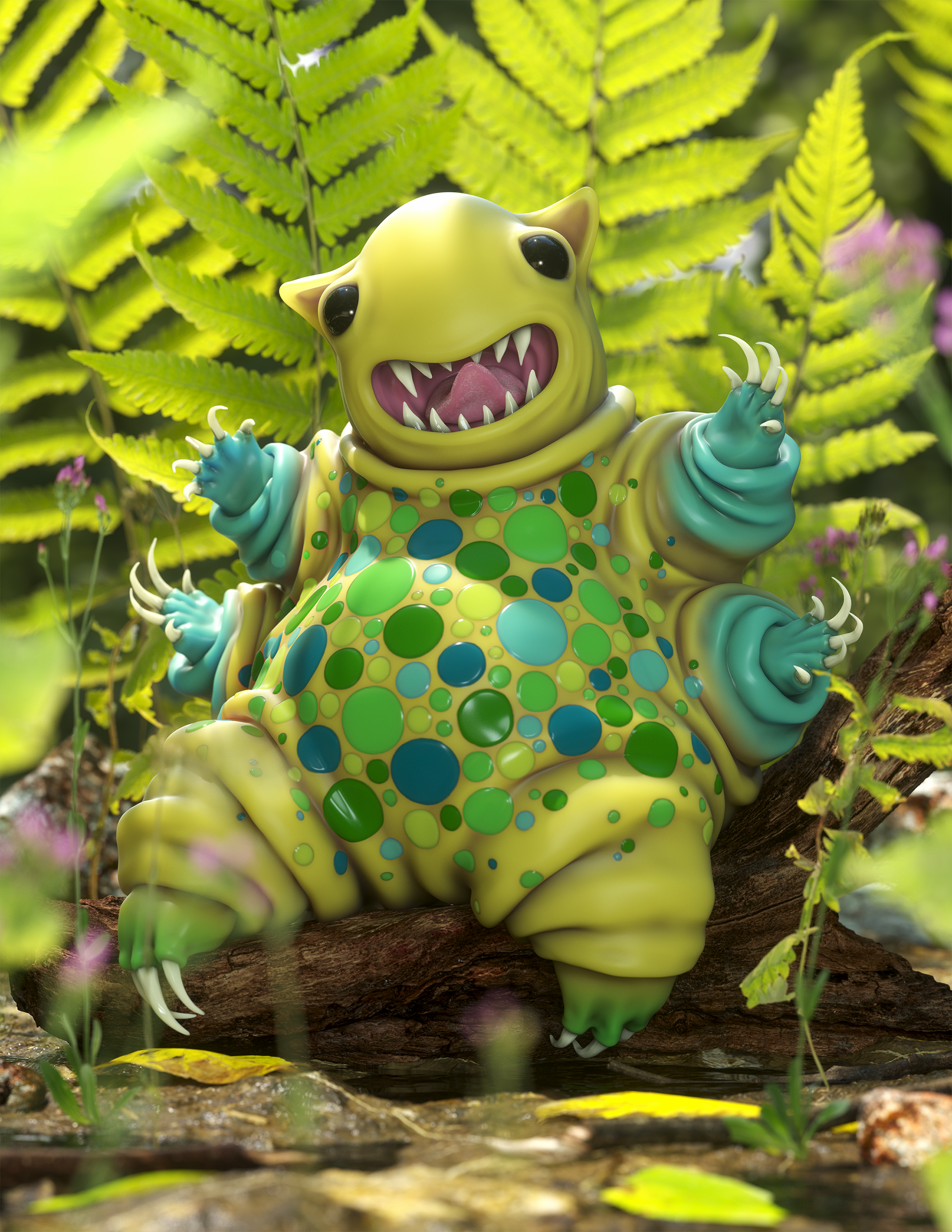 A colorful, cartoon-style creature with a round body, large eyes, sharp teeth, and multiple limbs featuring claws, sitting amidst lush green foliage and ferns.