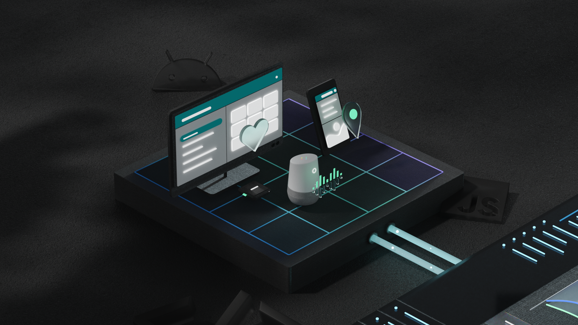 A digital illustration representing technology with various devices including a computer monitor, a smartphone, a smart speaker, and a USB flash drive, all on a black grid surface with glowing lines and icons.