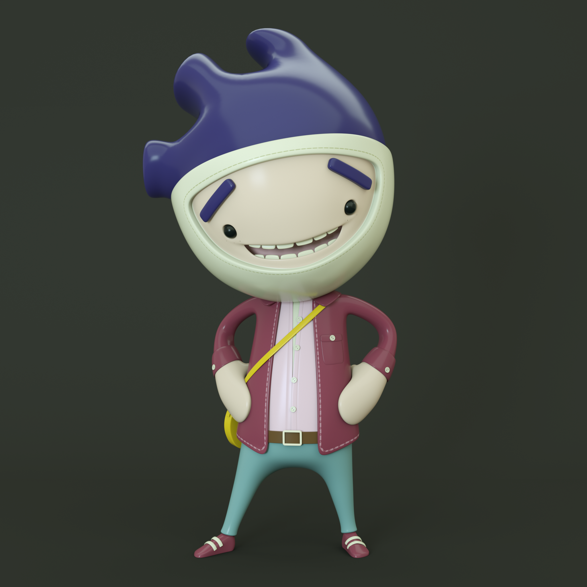 A cartoon character with a large, smiling face, blue hair, and wearing a maroon jacket with a yellow shoulder strap, light blue pants, and pink shoes with white stripes.