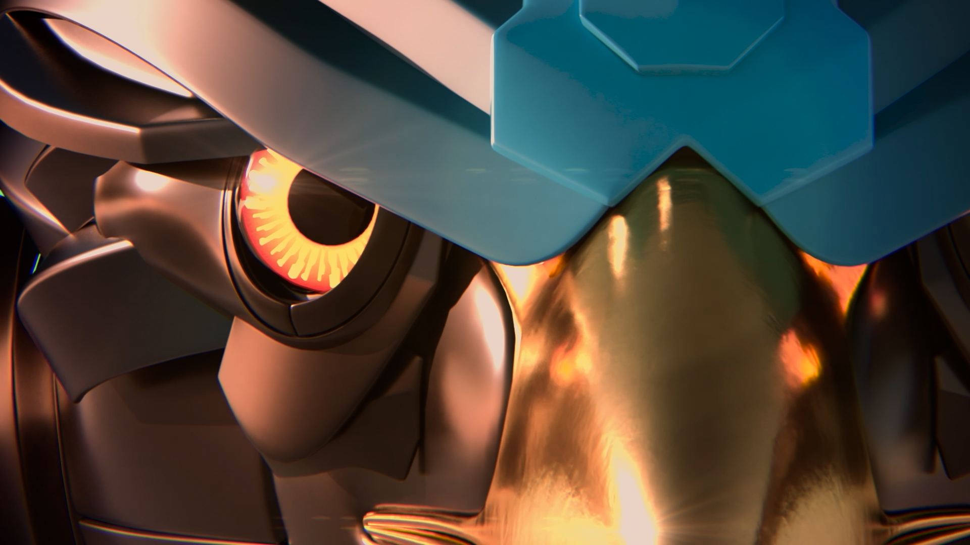 Close-up of a robotic eye with an orange ring and a black pupil, partially covered by a metallic blue cover, with shiny metallic parts around it.