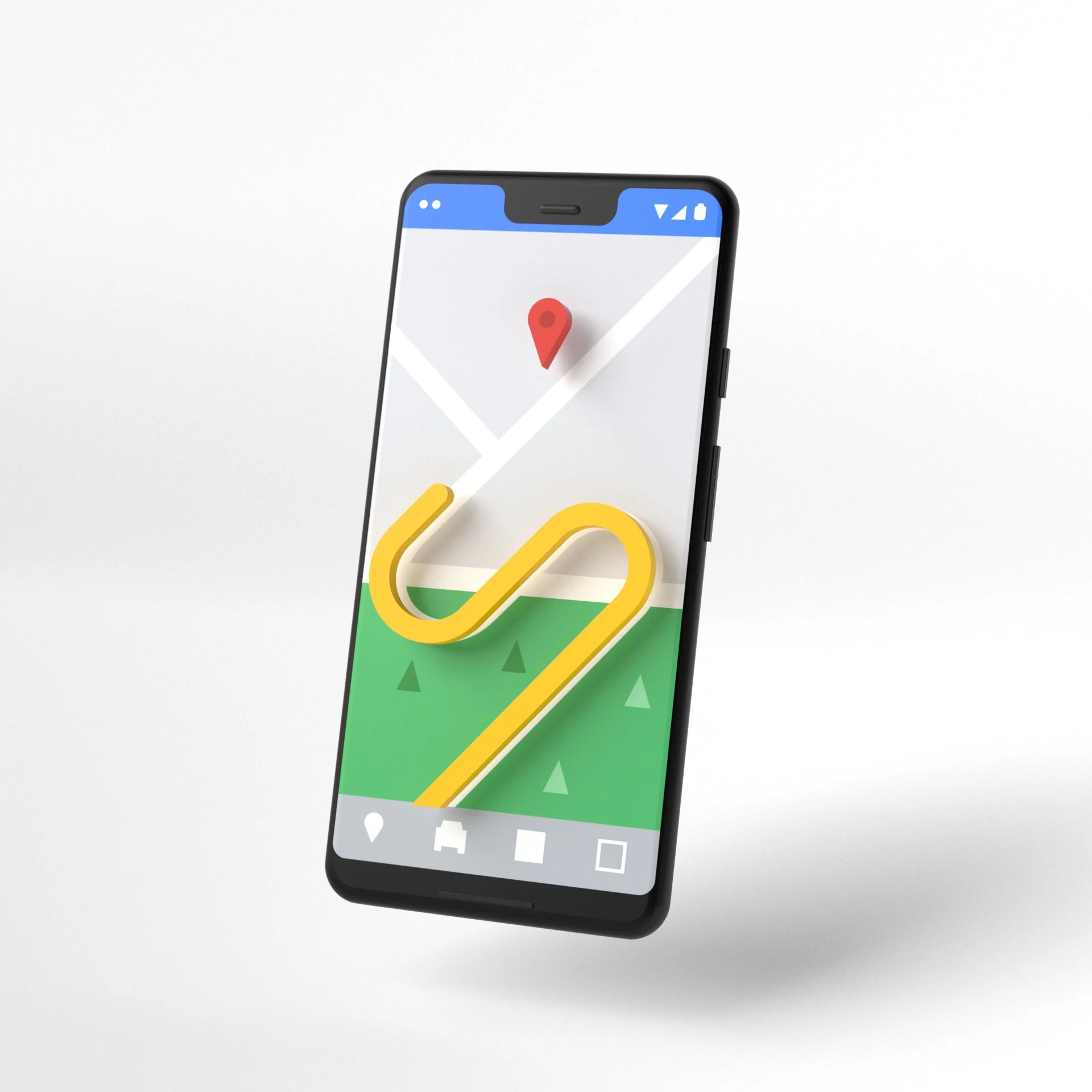 Smartphone displaying a map with a yellow navigational route, a red location pin, and icons at the bottom for map features.