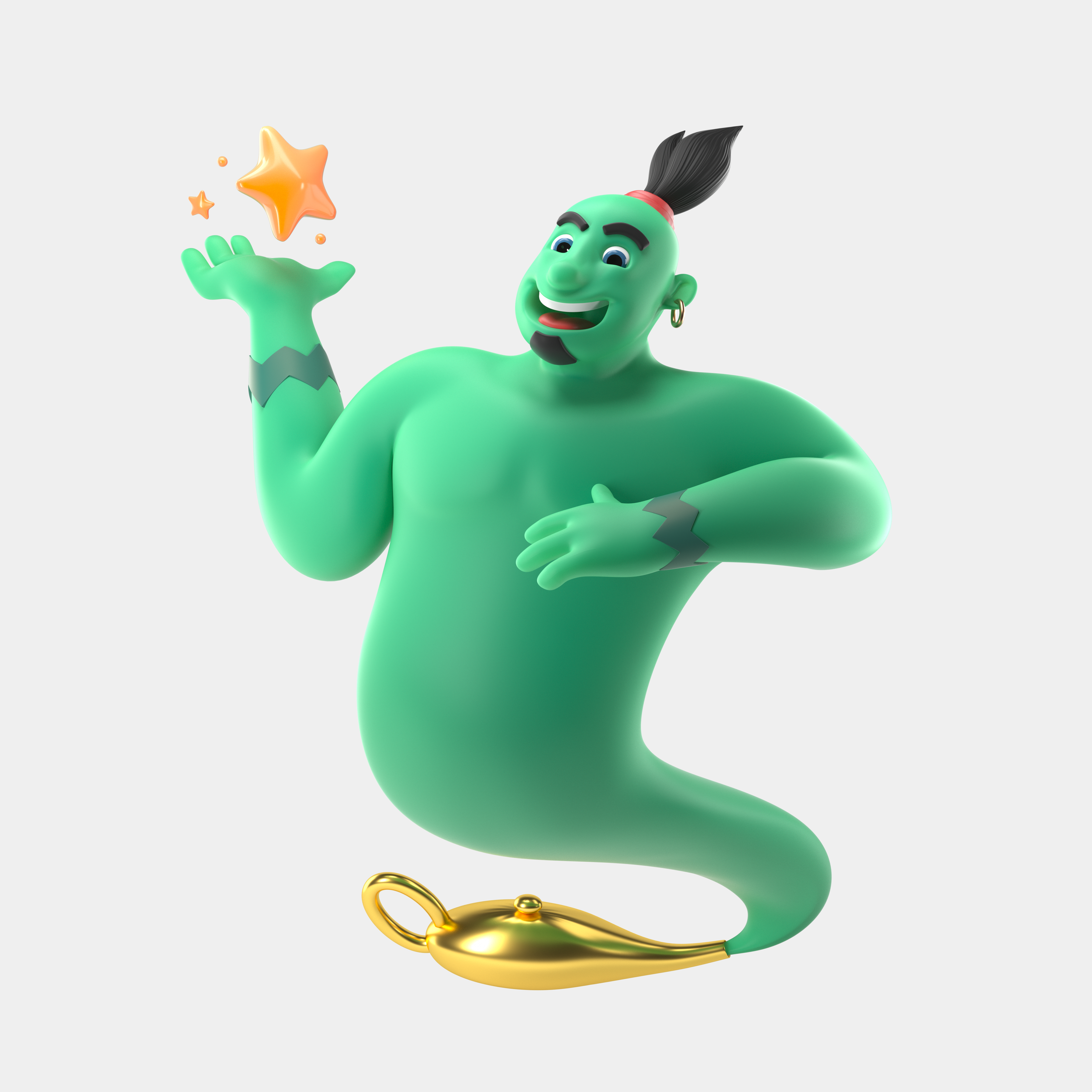 A cartoon green mermaid with a muscular upper body, black hair tied up, and wearing earrings, holding a gold magic lamp in one hand and a star-shaped magic wand in the other, smiling.