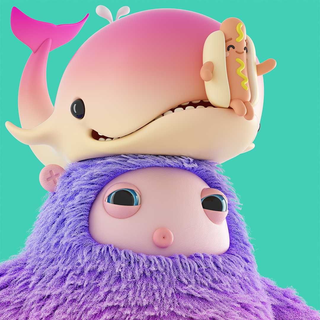 A whimsical digital illustration of a character with purple furry hair, large pink eyes, and a pink nose, balancing a smiling whale with a hot dog on its back, against a teal background.