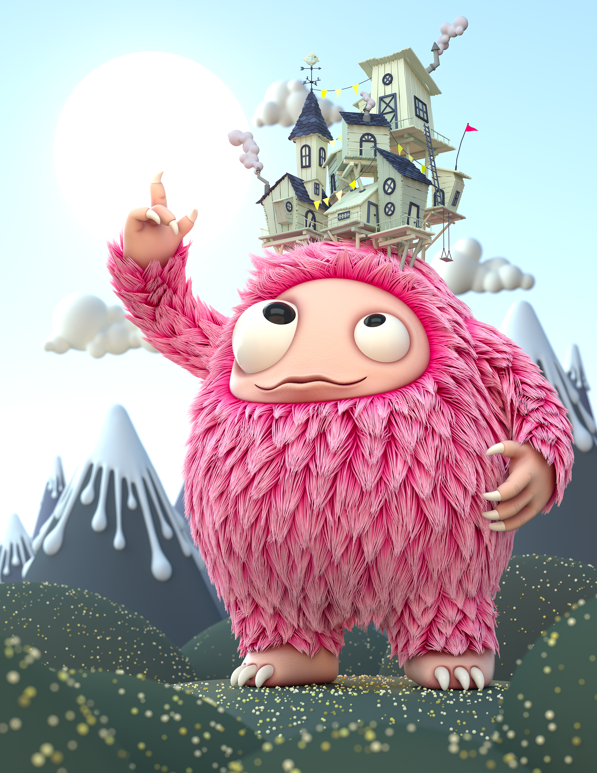 Cute pink furry creature with large eyes standing outdoors, pointing at a floating whimsical house with chimneys, mountains, and clouds in the background.