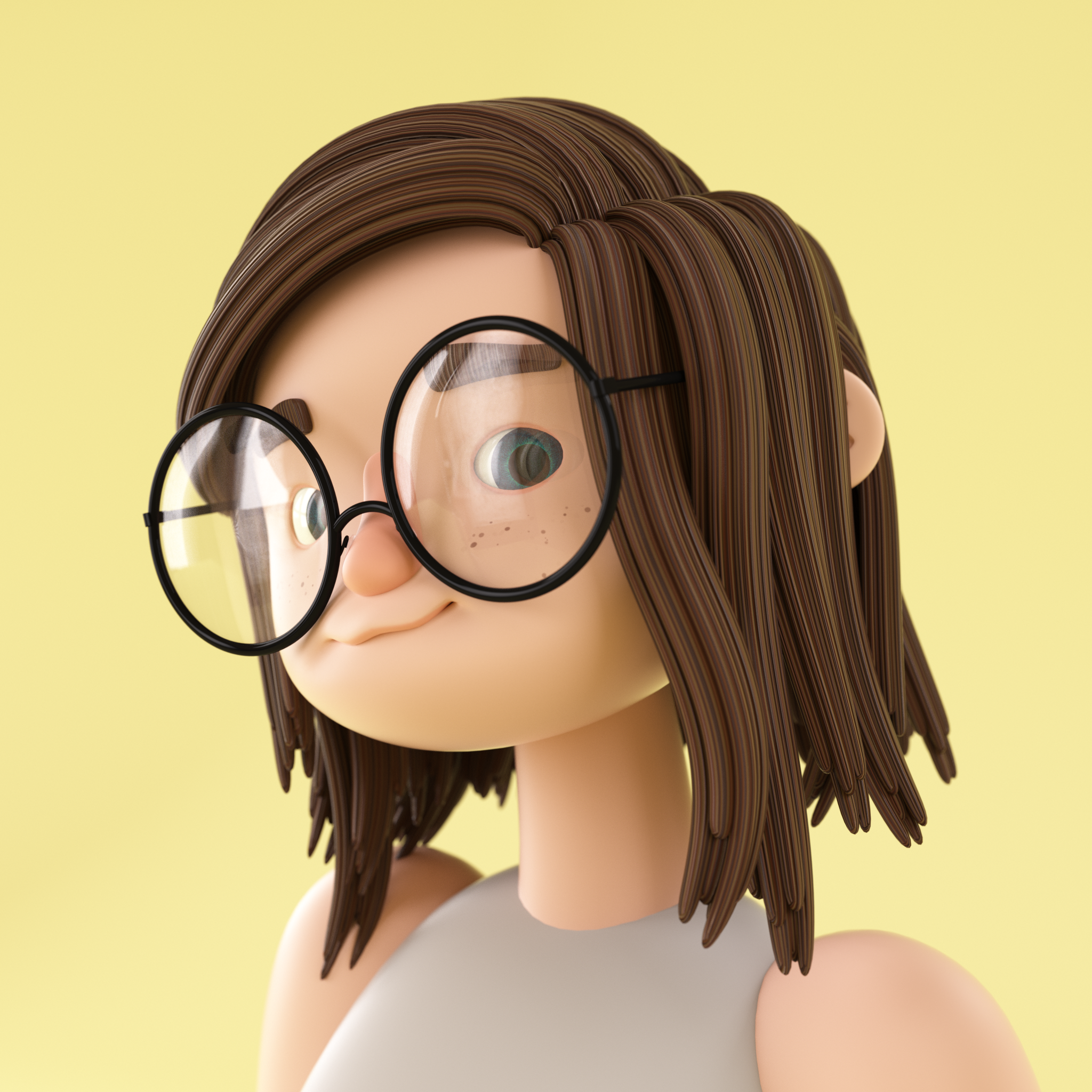 3D animated girl with brown hair, large round glasses with black frames, wearing a white sleeveless top, against a yellow background.