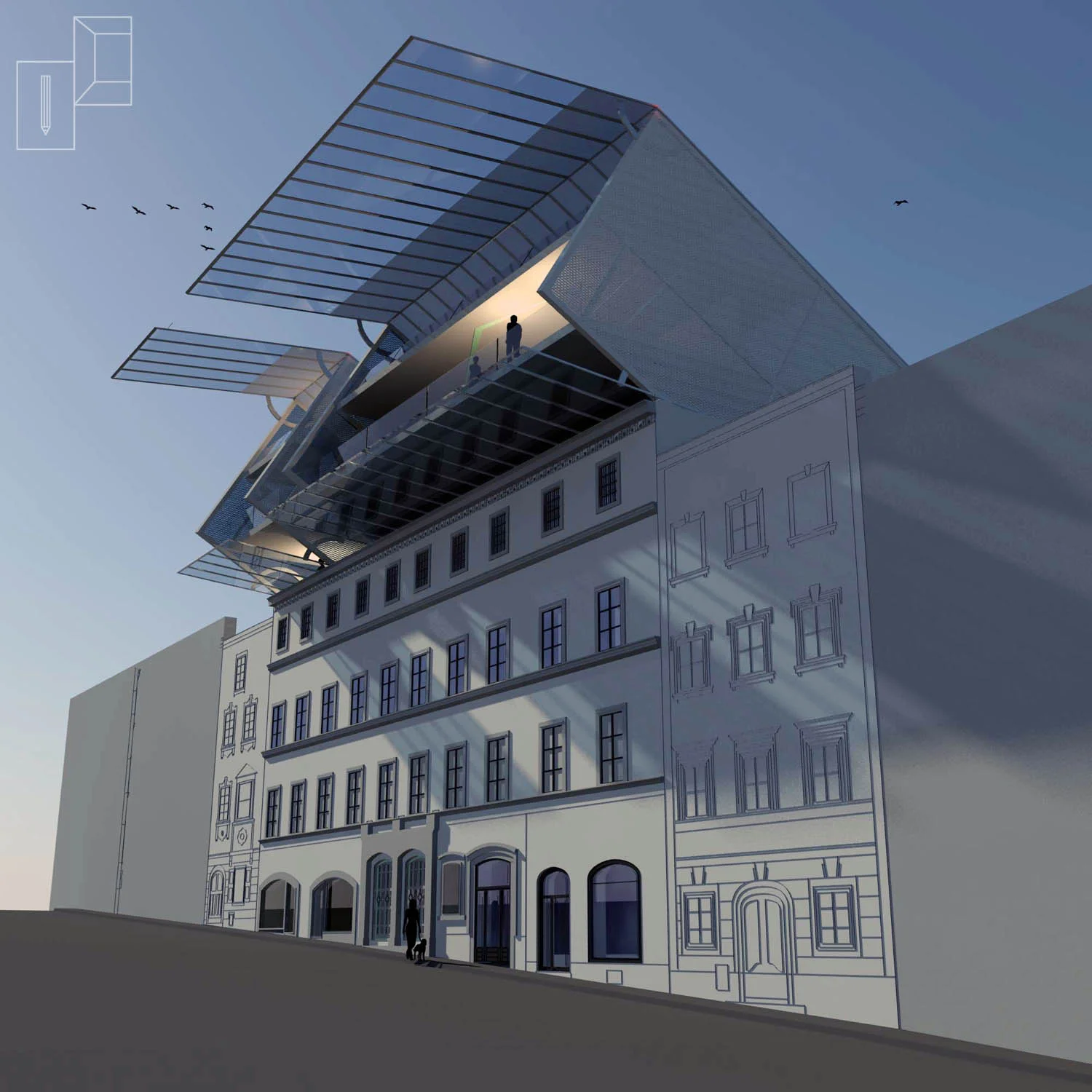 Aufstockung geöffnete Fassade