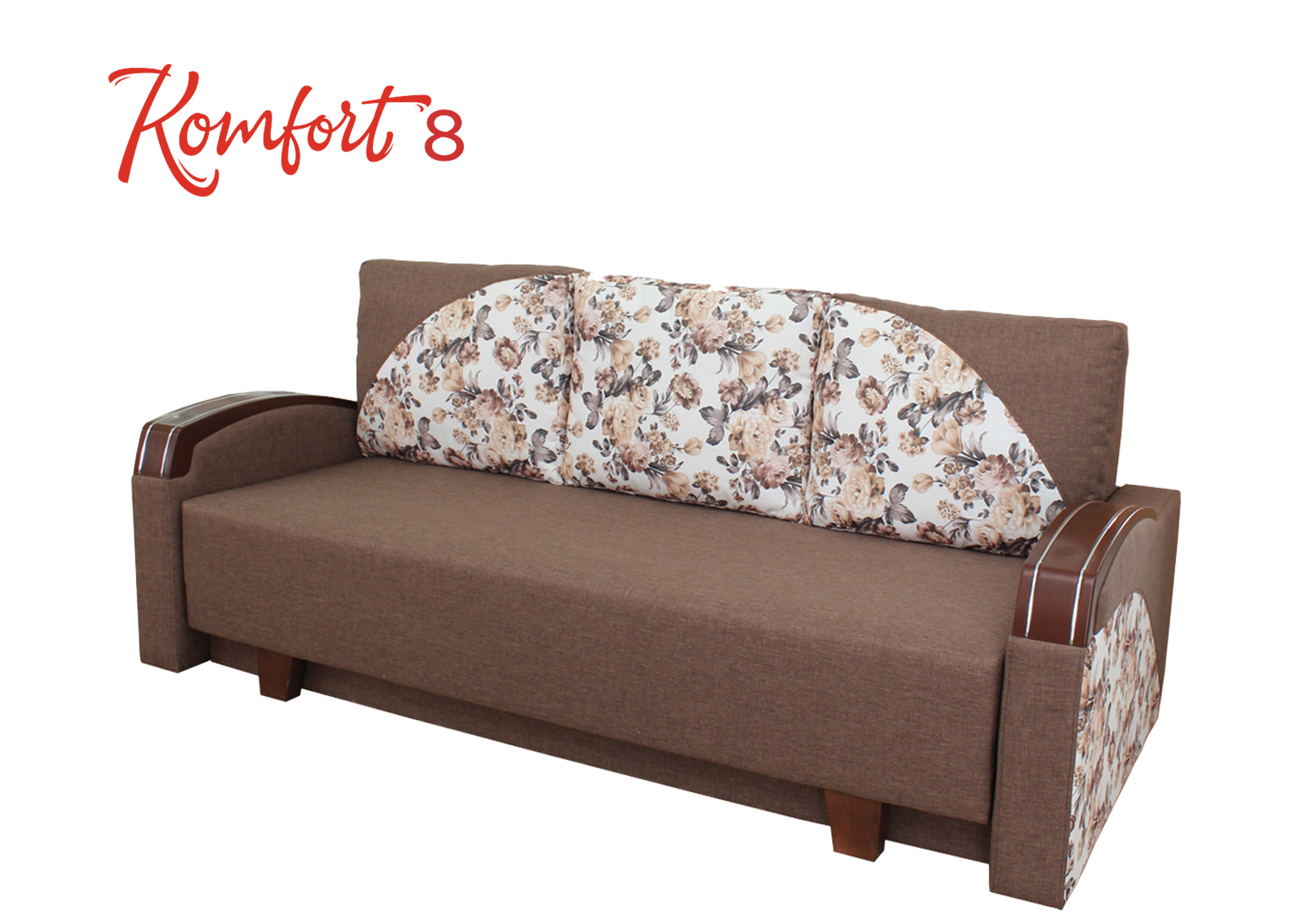 Komfort 7, 8 Frame - timber oak, pine, chipboard, chipboard Fiberboard, hardboard laminated. Filling: Bonnel spring, rubber belt, felt, polyurethane foam, fleece, padding polyester, polyurethane powder, Upholstery Niche for linen - Available The mechanism of transformation - evroknizhka The total size (length / width / height) - 2.23x1.05x0.82 Sleeper deposits 1.95x1.55