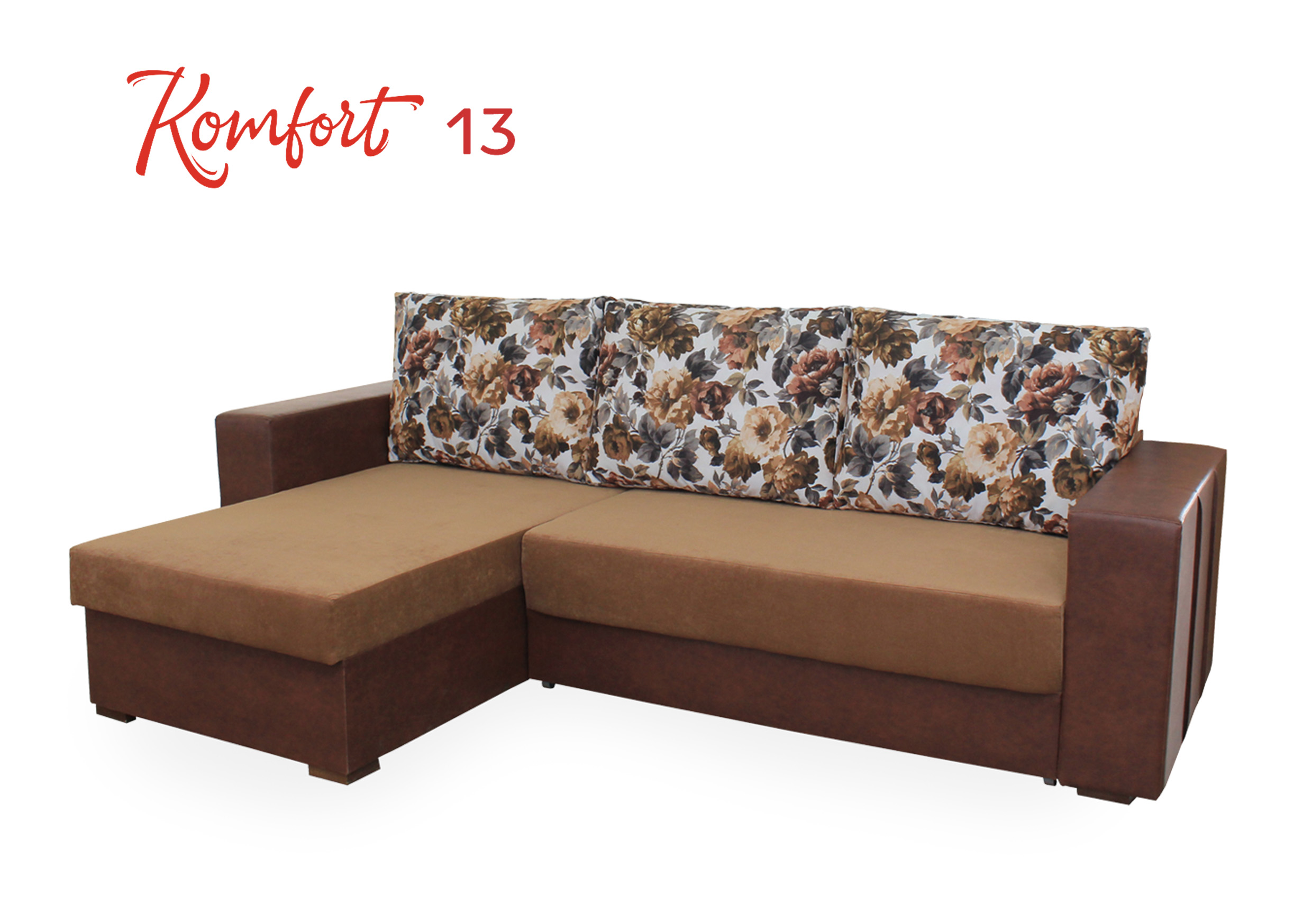 Komfort 13 Frame - pine timber, Filling - chipboard, laminated chipboard, fiberboard, box spring, felt, polyurethane foam, padding polyester, interlining, upholstery material Niche for linen - Available The mechanism of transformation - evroknizhka The total size (length / width / height) - 2.40 x1.60x0.80 Sleeper deposits 1.96x1.40