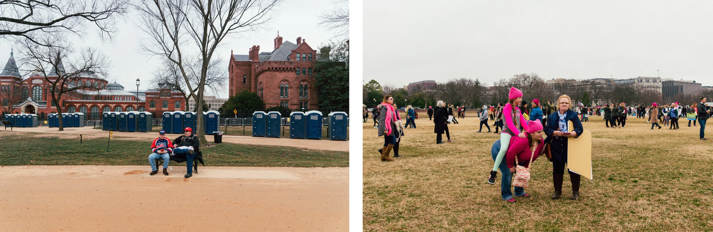 Left: Two Trump supporters sit on a bench during the inauguration of the president-elect on Jan. 20. Right: A family stands at the end of the Women's March on Washington outside the White House on Jan. 21.