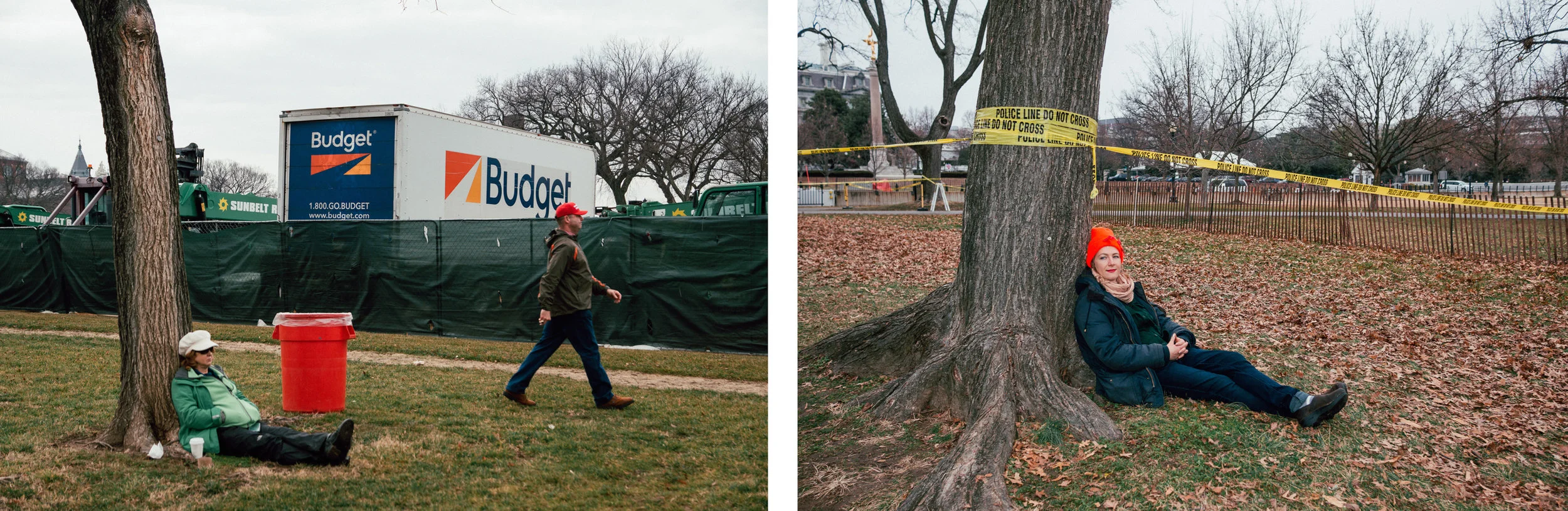 Left: A woman rests during the inauguration on Jan. 20. Right: A woman rests at the end of the Women's March on Washington on Jan. 21.