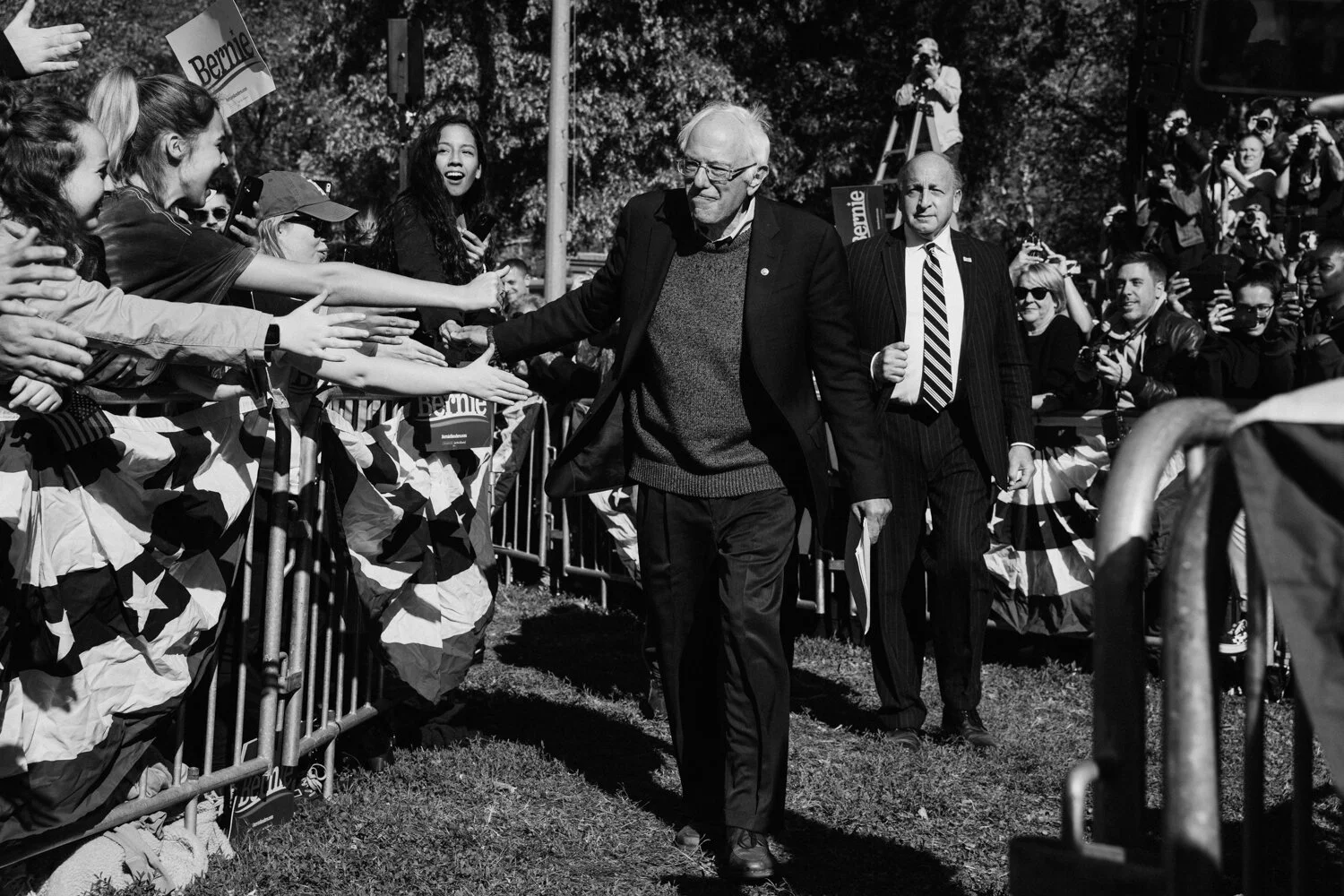 U.S. Sen. Bernie Sanders, D-VT, walks toward the stage for a presidentialy campaign rally, Saturday, Oct. 19, 2019, in the Queens borough of New York. The rally was Sanders’ first campaign event since his heart attack on Oct. 1.