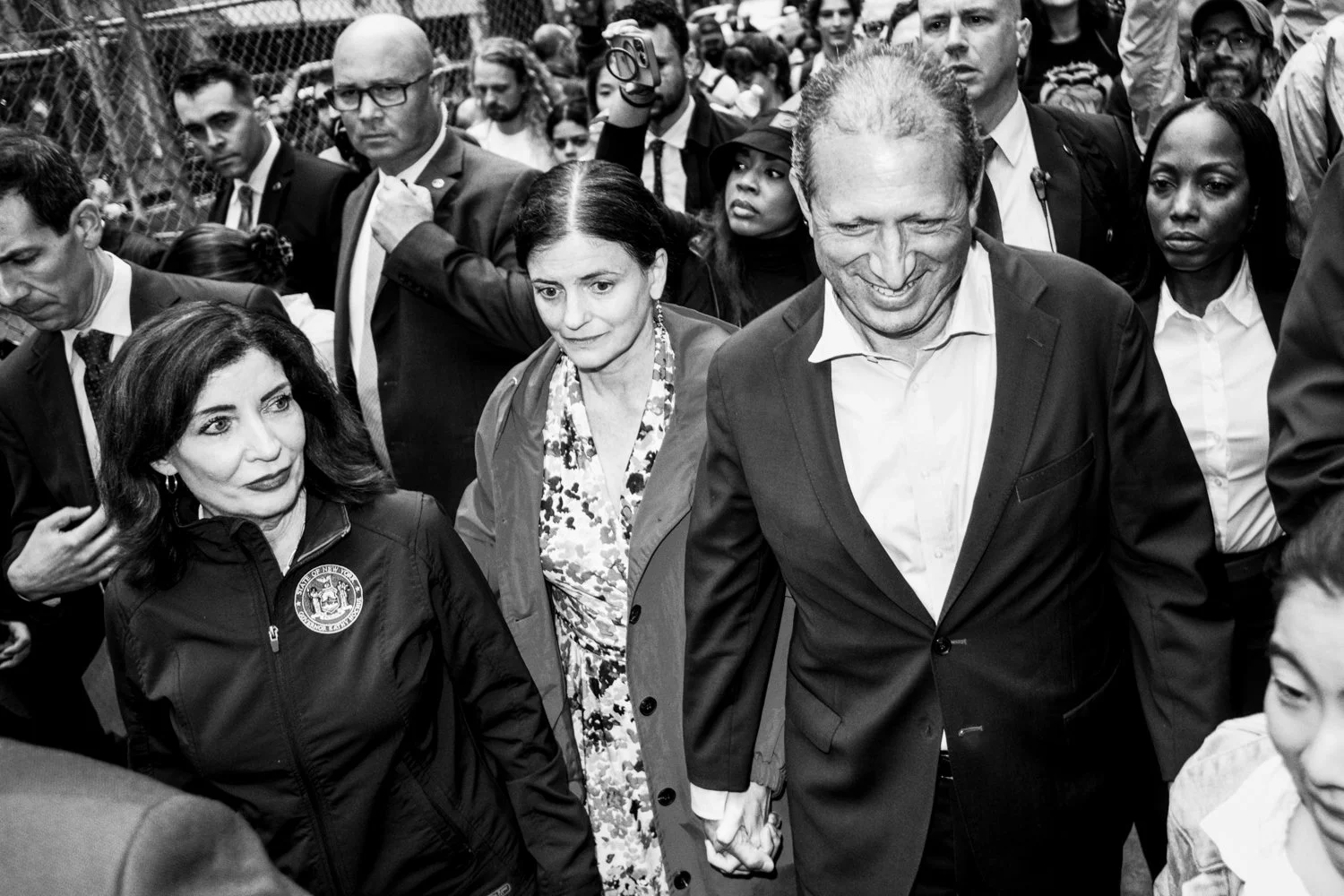 New York City Comptroller and Democratic mayoral candidate Brad Lander holds his wife's hand as he walks to a lectern for a press conference alongside Governor Kathy Hochul, after being released from detention by Department of Homeland Security offi