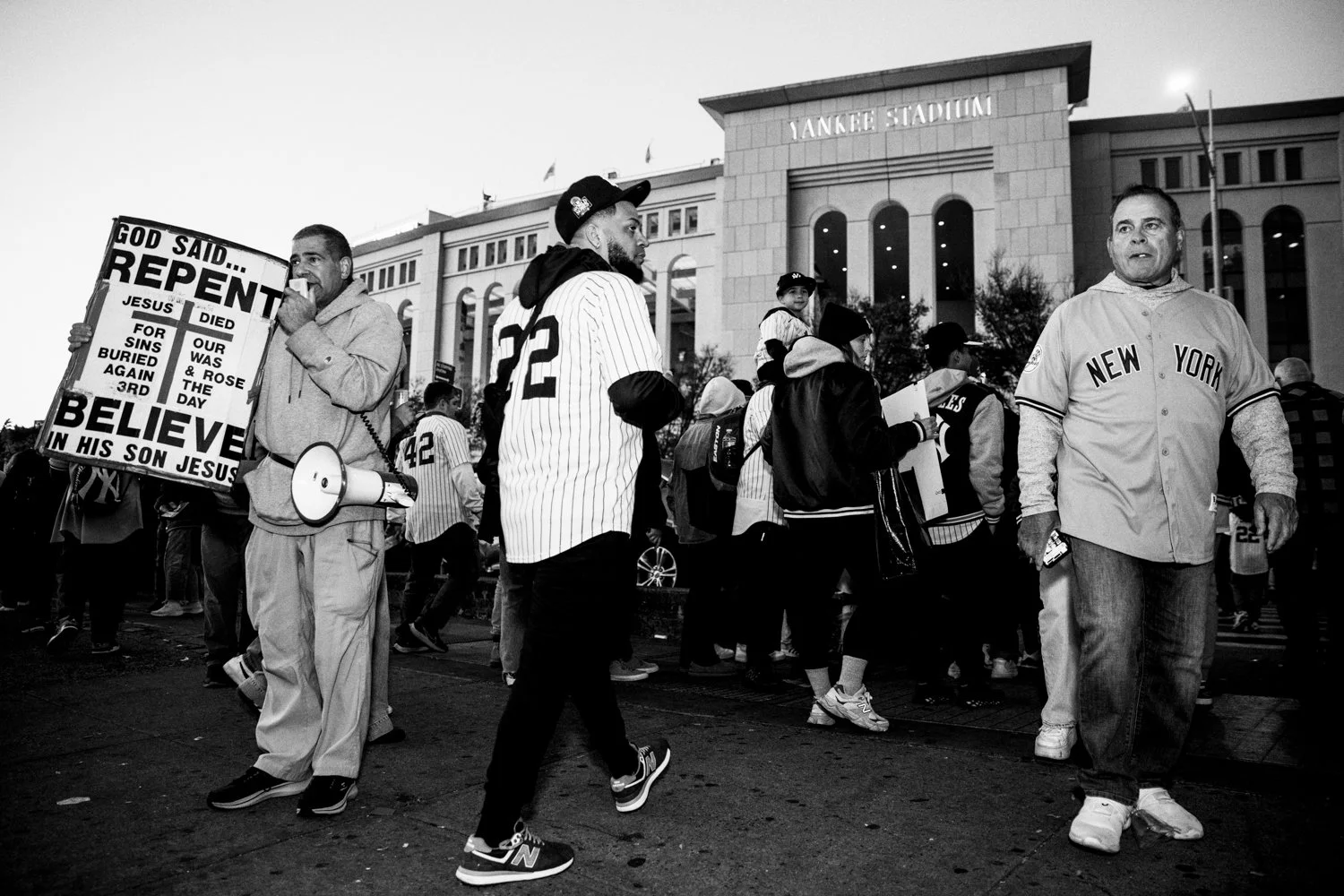  A man proselytizes outside Yankee Stadium before Game 3 of the World Series between the Yankees and the Dodgers in the Bronx, New York, on 28 October 2024.  Julius Constantine Motal/ The Guardian  