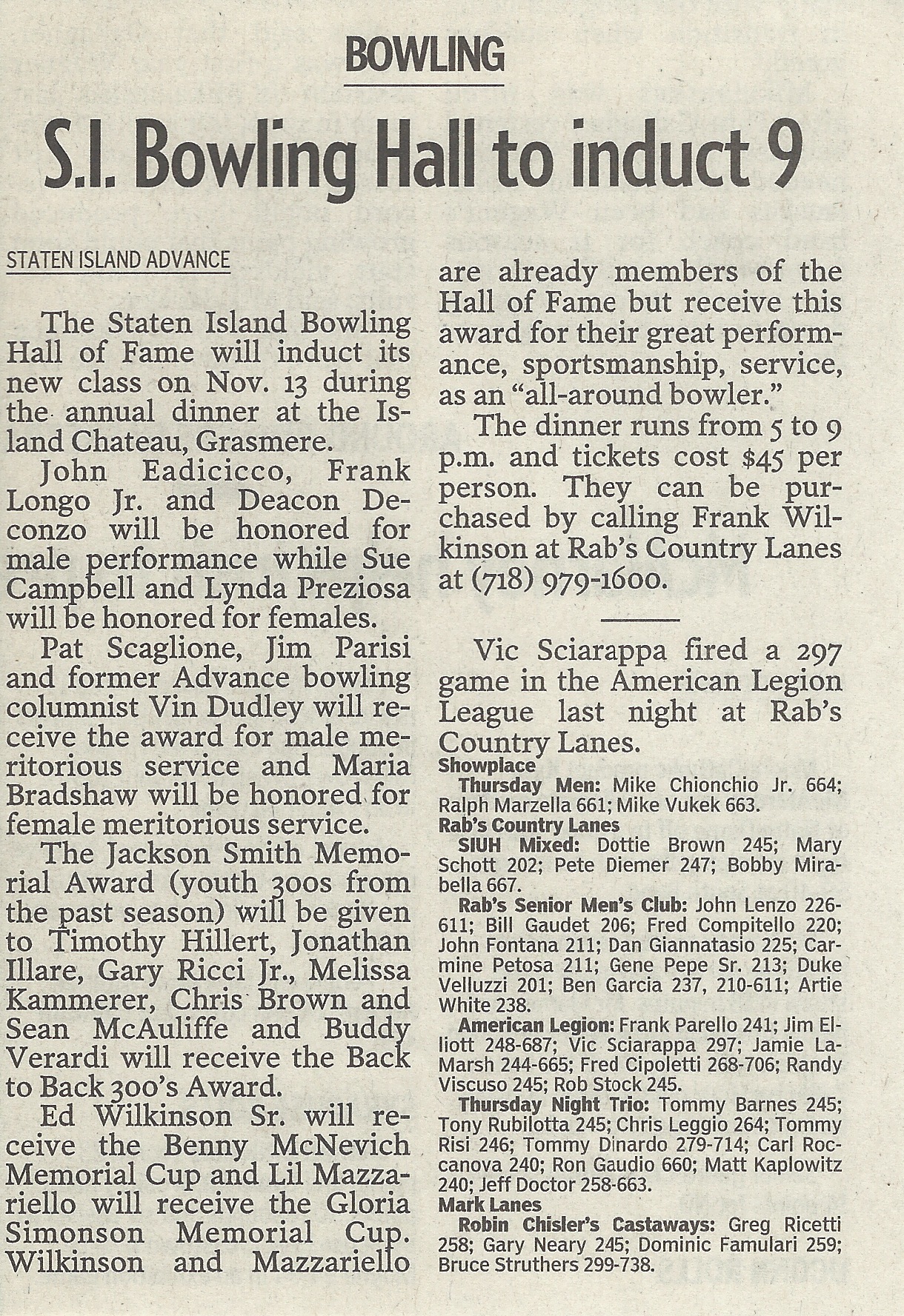 SI Bowling Hall to Induct 9