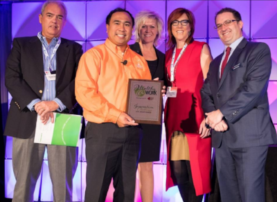 The audience of the Crain’s Health Care Summit picked the winner of the first Healthy@Work Innovation Challenge. Three finalists had a chance to pitch ways for Millennials to get engaged with health care. The winner, pictured second from left, was Michael Antaran, CEO of CARROT Pass LLC. With him are, from left, Ron Watson, Associate Vice President – Human Resources, Oakland University; Krischa Winright, Chief Information Officer, Priority Health; Elaine Coffman, Account Director, Marsh & McLennan Agency; and Daniel Duggan, Crain’s Detroit Business. Photo by Aaron Eckels, Crain’s Detroit Business.