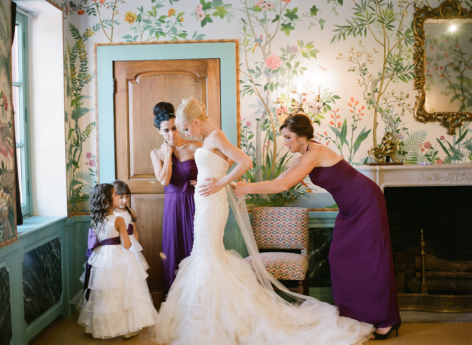 the bride gets ready with her bridesmaids and flower girls at this Italian Villa wedding at the Villa Terrace wedding where Destination Wedding Photographer, Lexia frank, photographs the wedding entirely on film