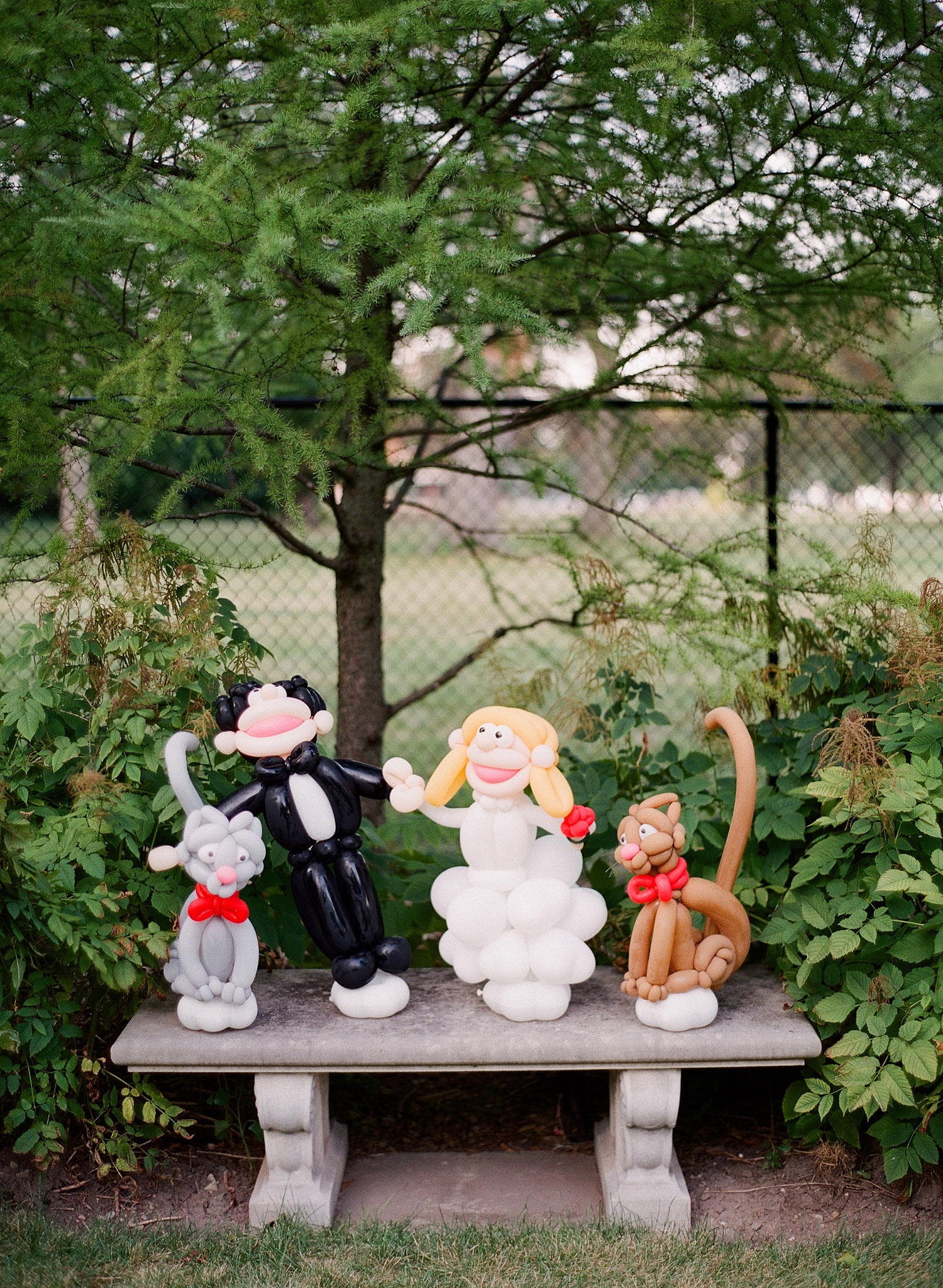 A balloon artist ties balloons to entertain the children at the cocktail hour of this Italian wedding at the Italian wedding venue The Villa Terrace, while Destination wedding photographer, Lexia Frank photographs this italian wedding on film