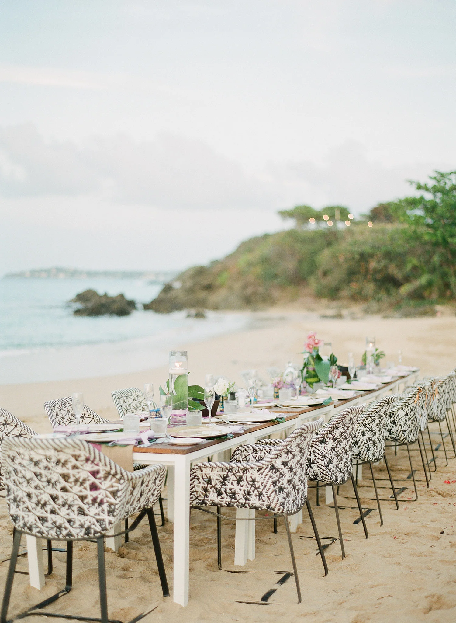 a wedding reception on the beach at this modern wedding in vieques island puerto rico at the w hotel vieques island wedding where Destination Wedding Photographer Lexia Frank photographed a modern wedding on film, as she is a film photographer for weddings 