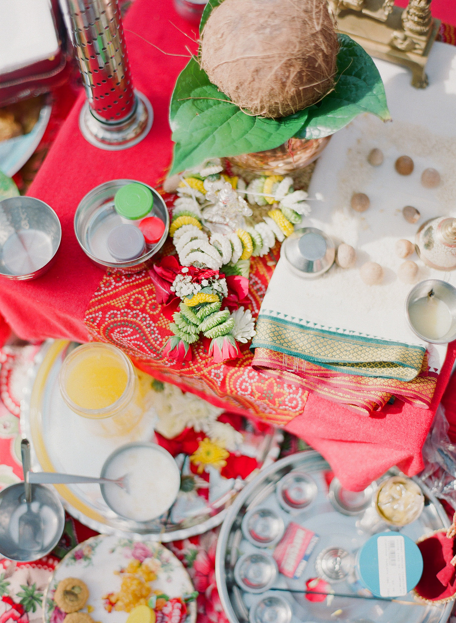 ceremony items for this hindu wedding ceremony during the pithi. photographed by Destination wedding photographer Lexia Frank- a top indian wedding photographer in florida photographing luxury indian weddings on film with medium format film cameras 