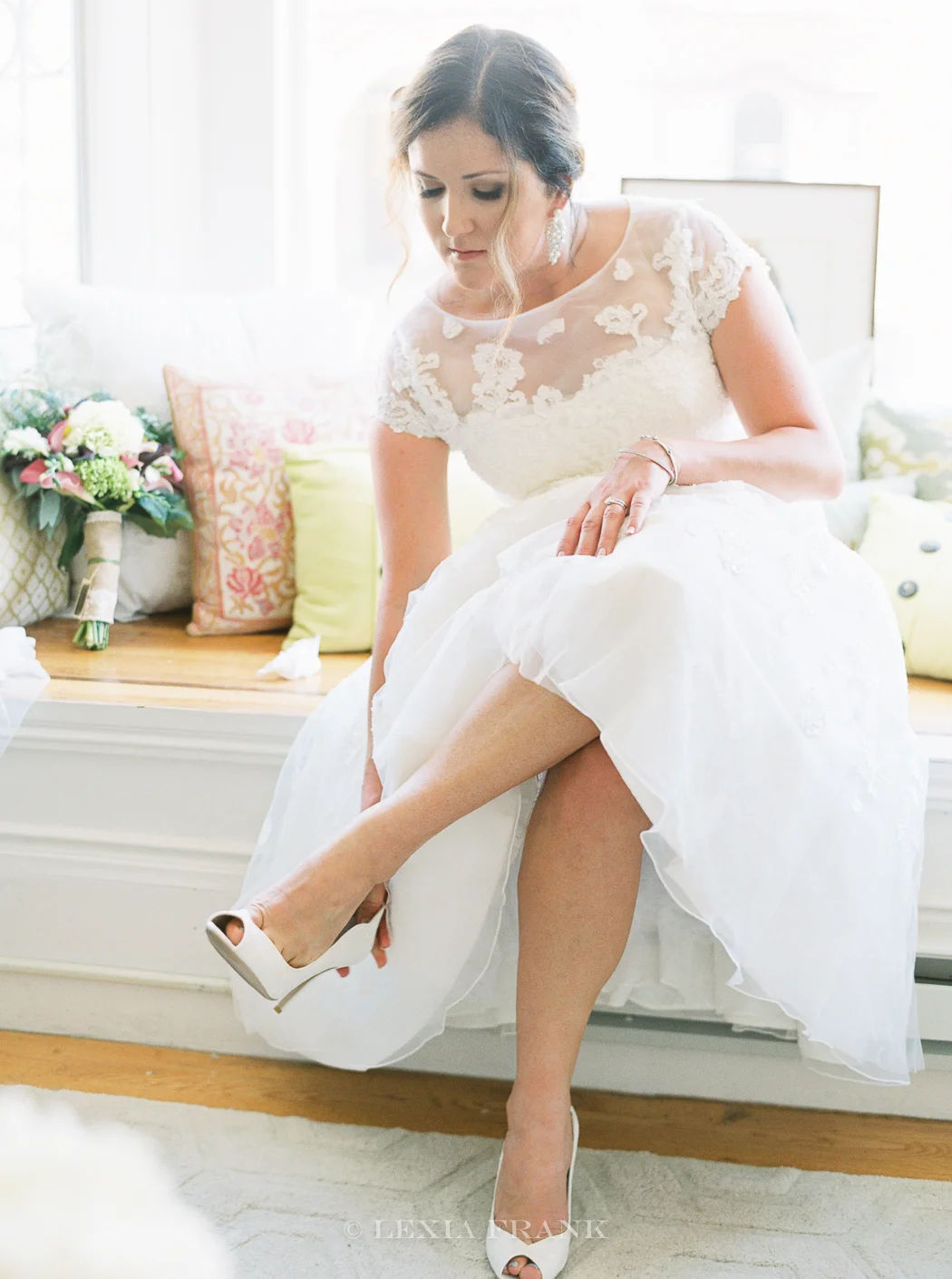 destination wedding photographer Lexia Frank - a portland fine art film photographer - photographs this san francisco city hall wedding in san francisco with bride wearing tea length wedding dress with lace cap sleeves and bird cage veil. www.lexiafrank.com 