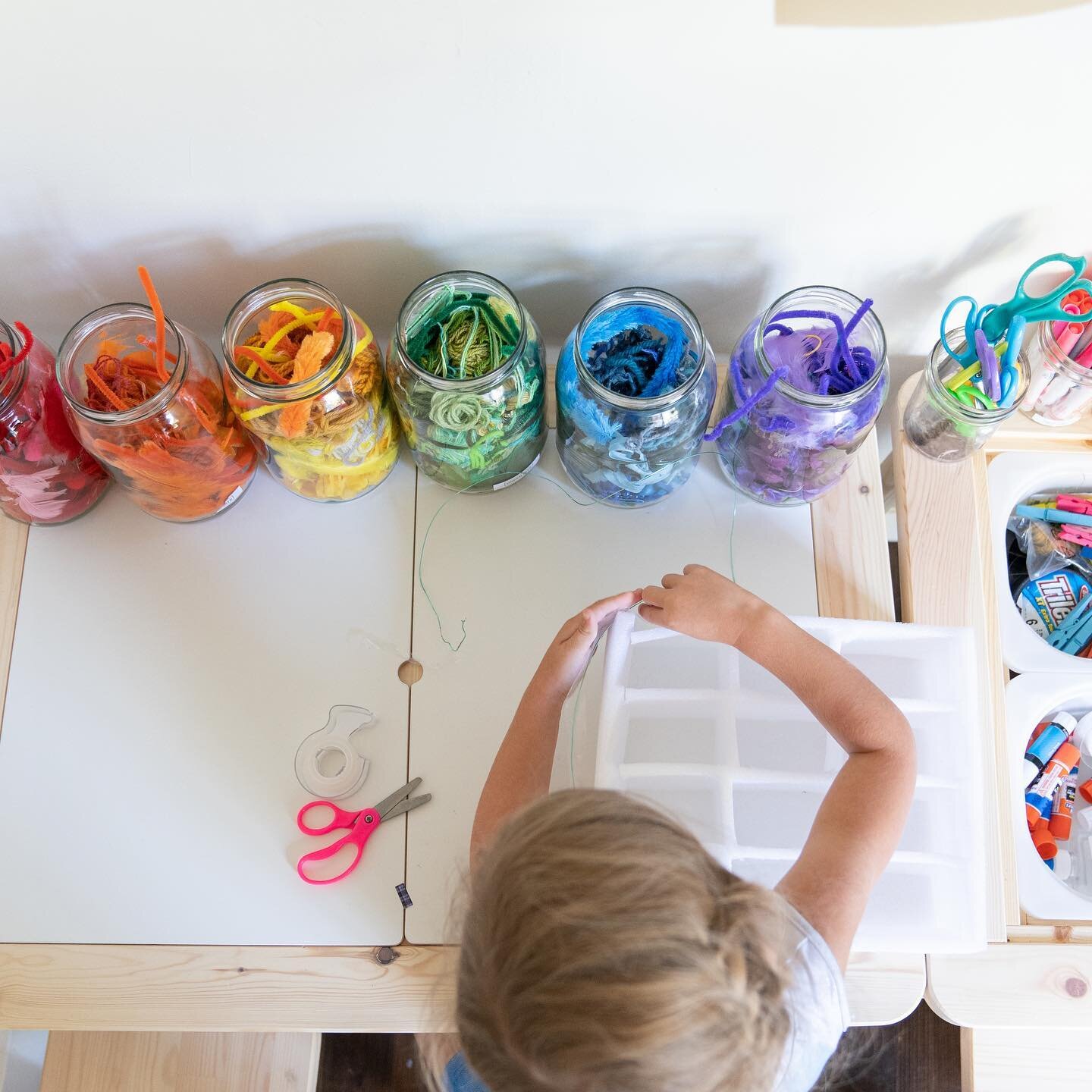 We&rsquo;ve got loads of fun, open ended toys, but by far the favorite is our bin of invention supplies, and our jars of colored &lsquo;bits&rsquo;. The bin of invention supplies mostly consists of packaging that we get from shipments, bits and piece