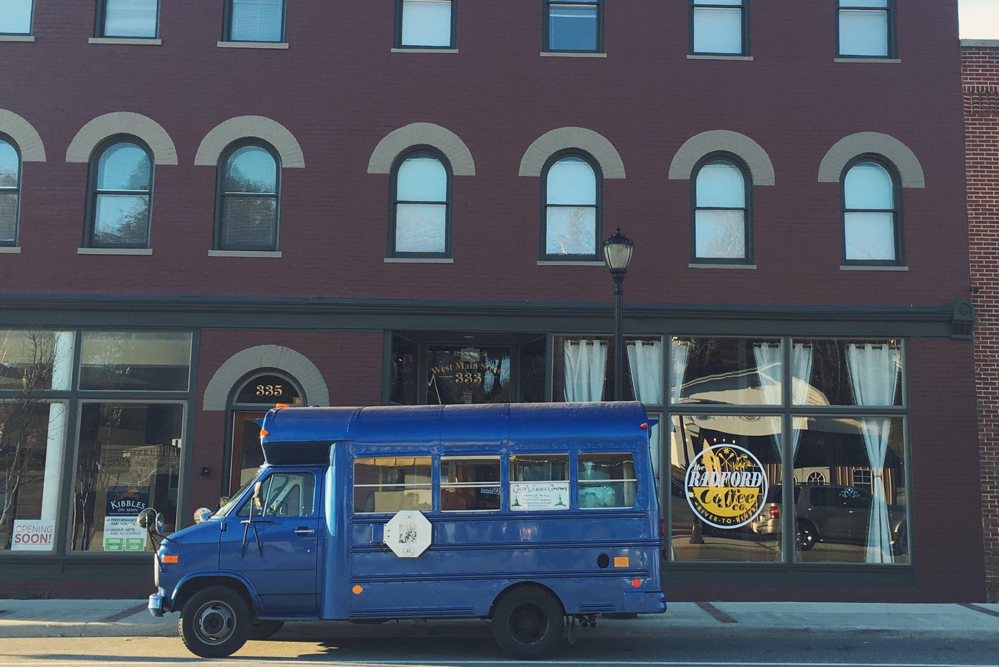 2.27.16 - Here's ol' Bluebird in front of Radford Coffee Company, the last stop on our tour before we headed back to Jersey. - Radford, Virginia