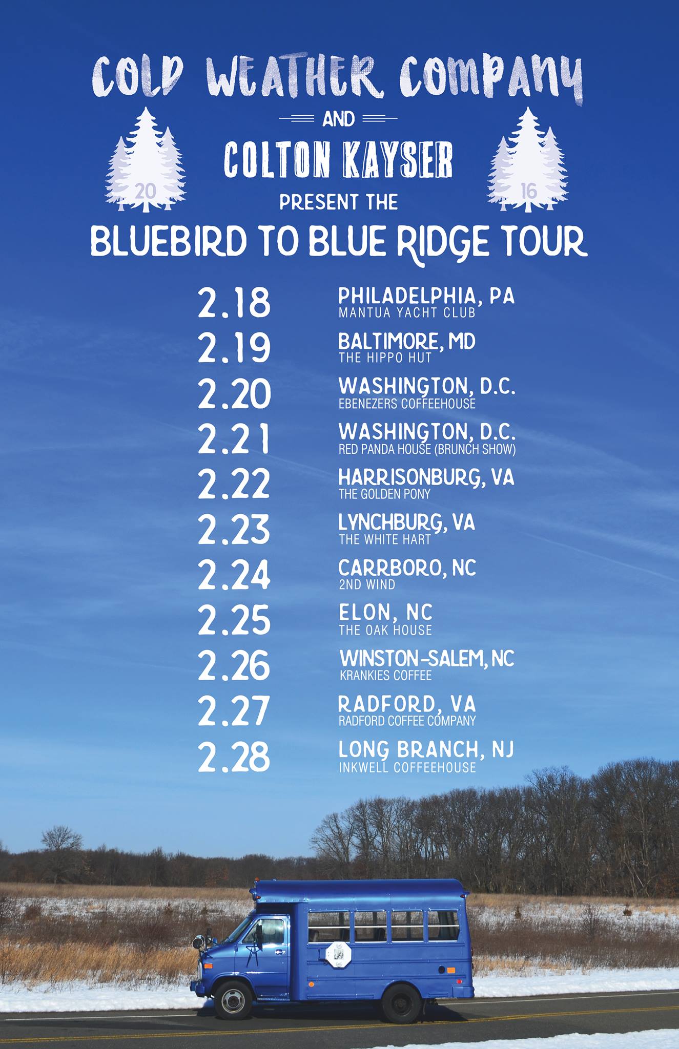 2.18.16 - We took Bluebird on its biggest test yet, the 'Bluebird to Blue Ridge Tour' - and made it back in one piece! 