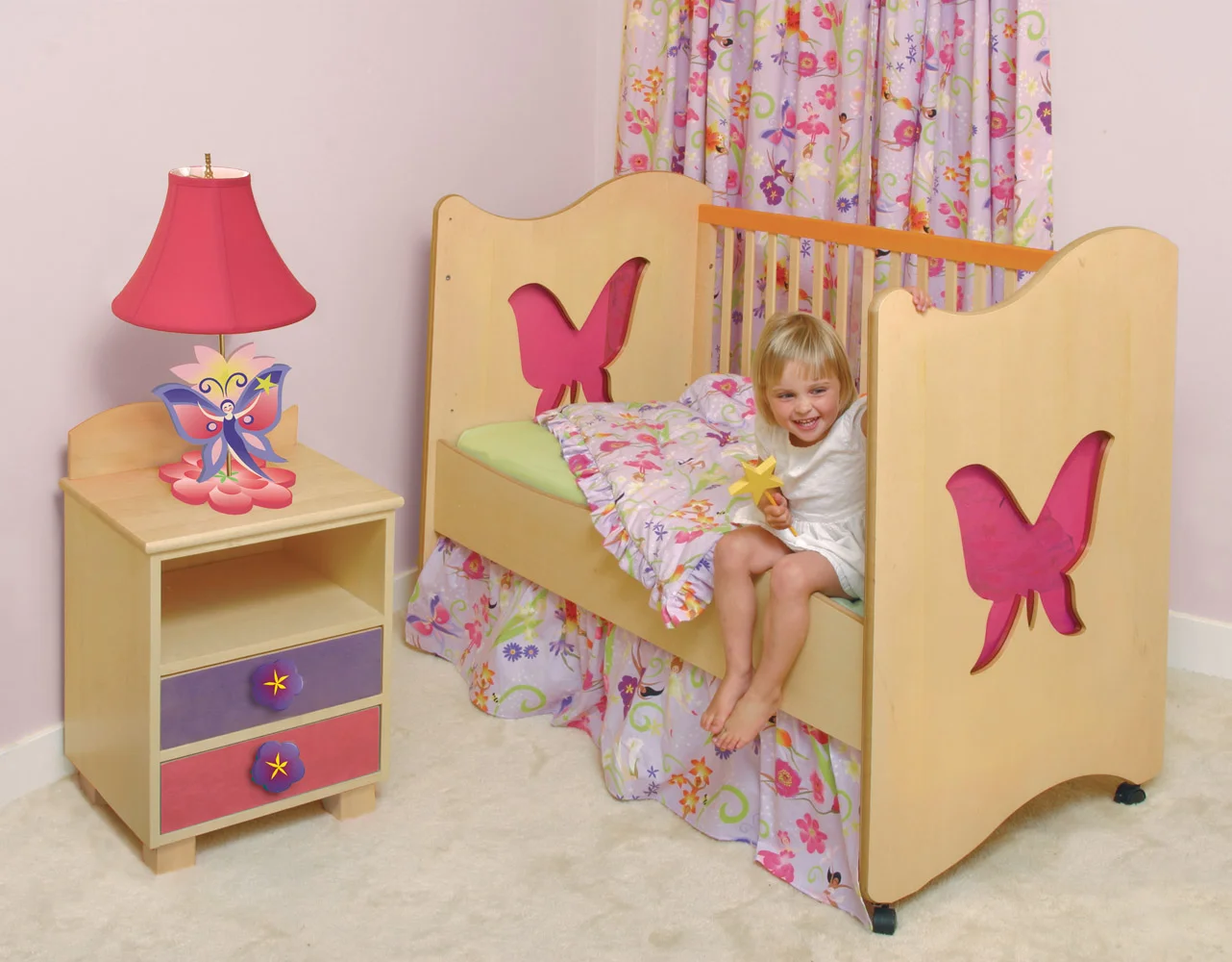Magic Garden Crib/Toddler Bed. Nightstand, Lamp