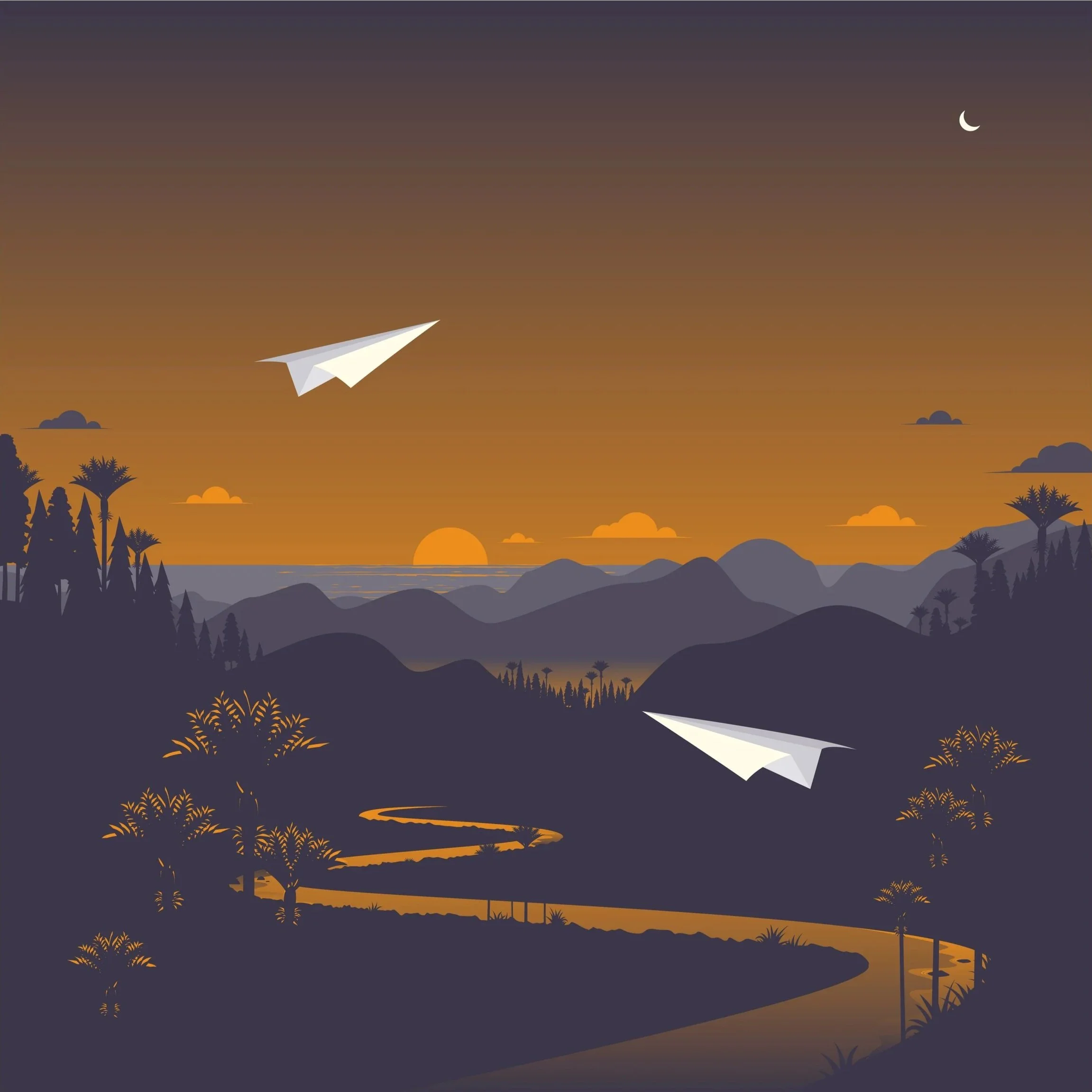Illustration of a pair of paper aeroplanes gliding through a New Zealand mountain forest.