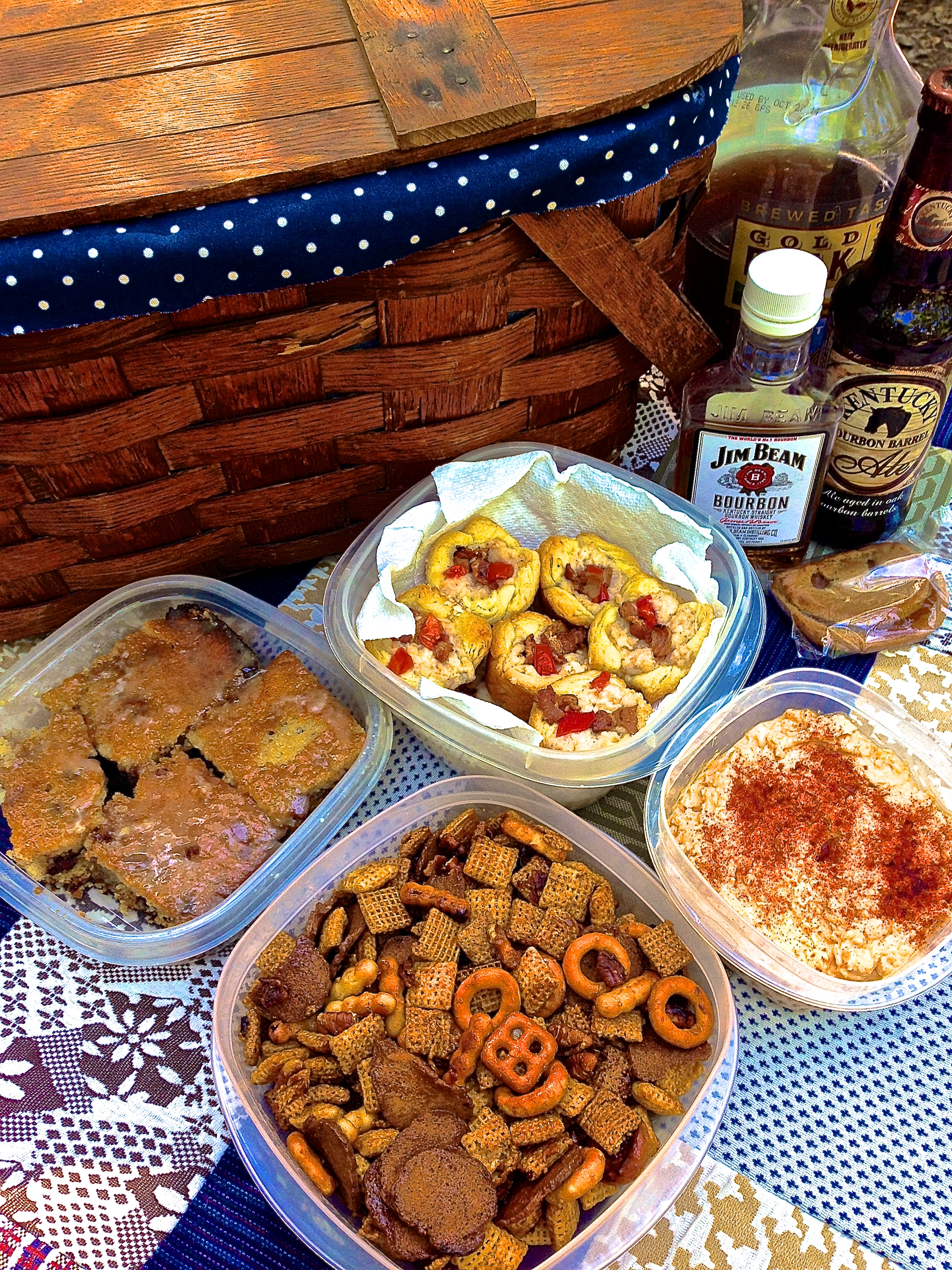From left to right: Derby Pie Cookie Bars with a bourbon glaze, Bourbon Bacon Chex Mix, Kentucky Hot Brown Bites with a gruyere mornay sauce, and Bourbon Barrel Ale Beer Cheese. All recipes can be found on my Pinterest board: http://www.pinterest.com/chinaraeriddle/the-one-about-kentucky/ 