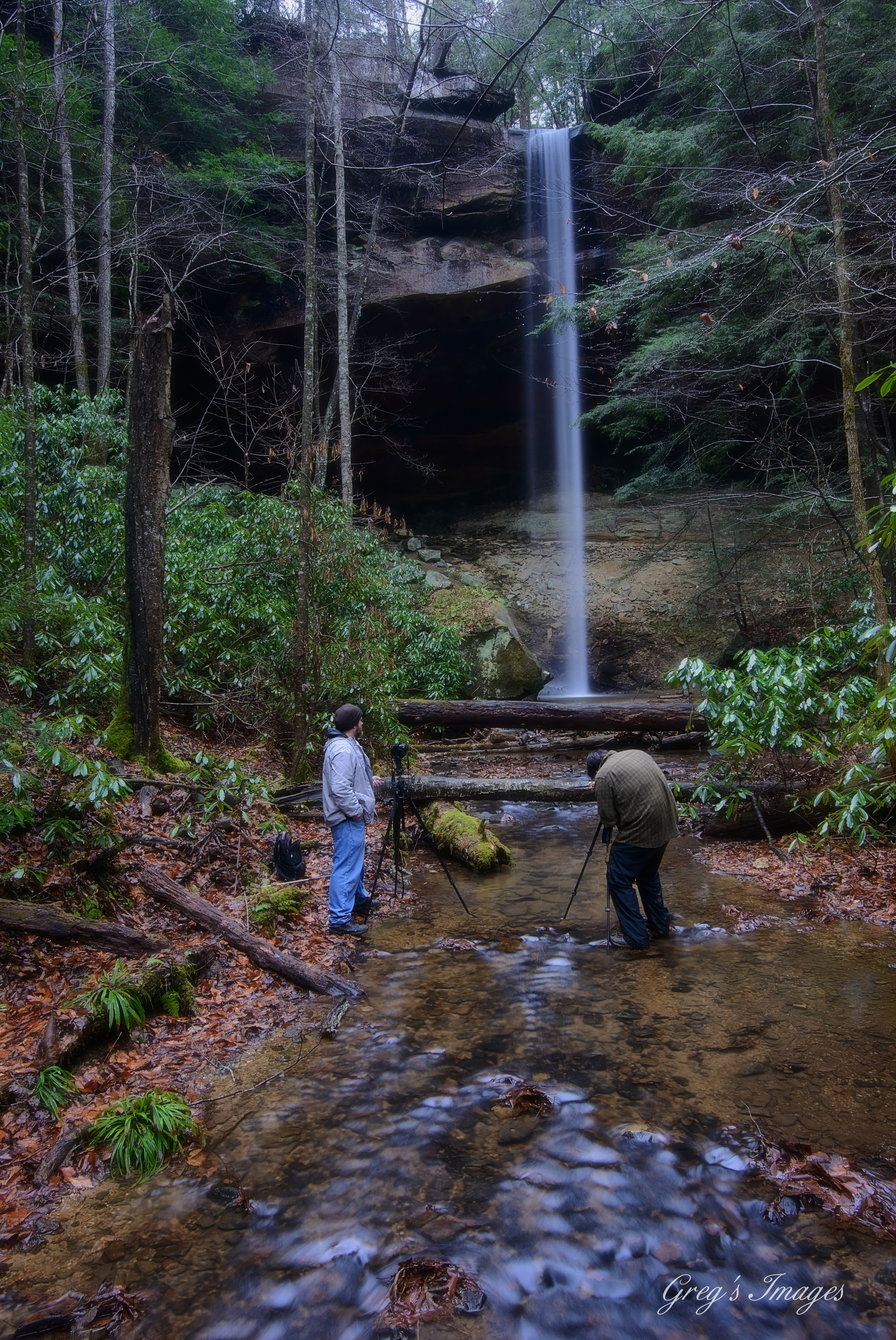 PHOTOGraphers Bill Fultz and Christopher Morris setting up a shot of Yahoo Falls from downstream. Photo: Greg Davis