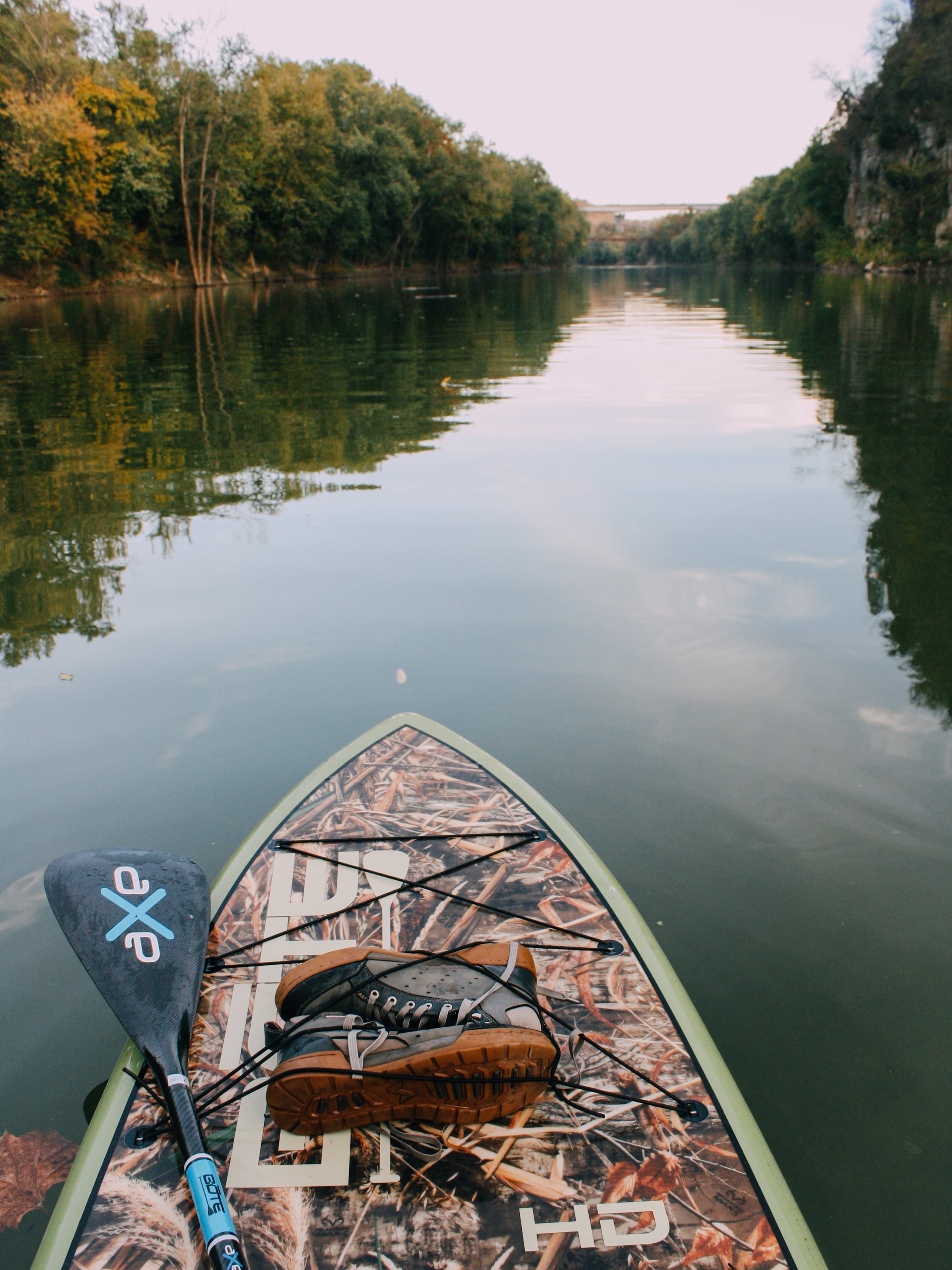My most favorites pieces of gear, my Boteboard HD , The Bote Axe paddle , and my Forsake Pilots.
