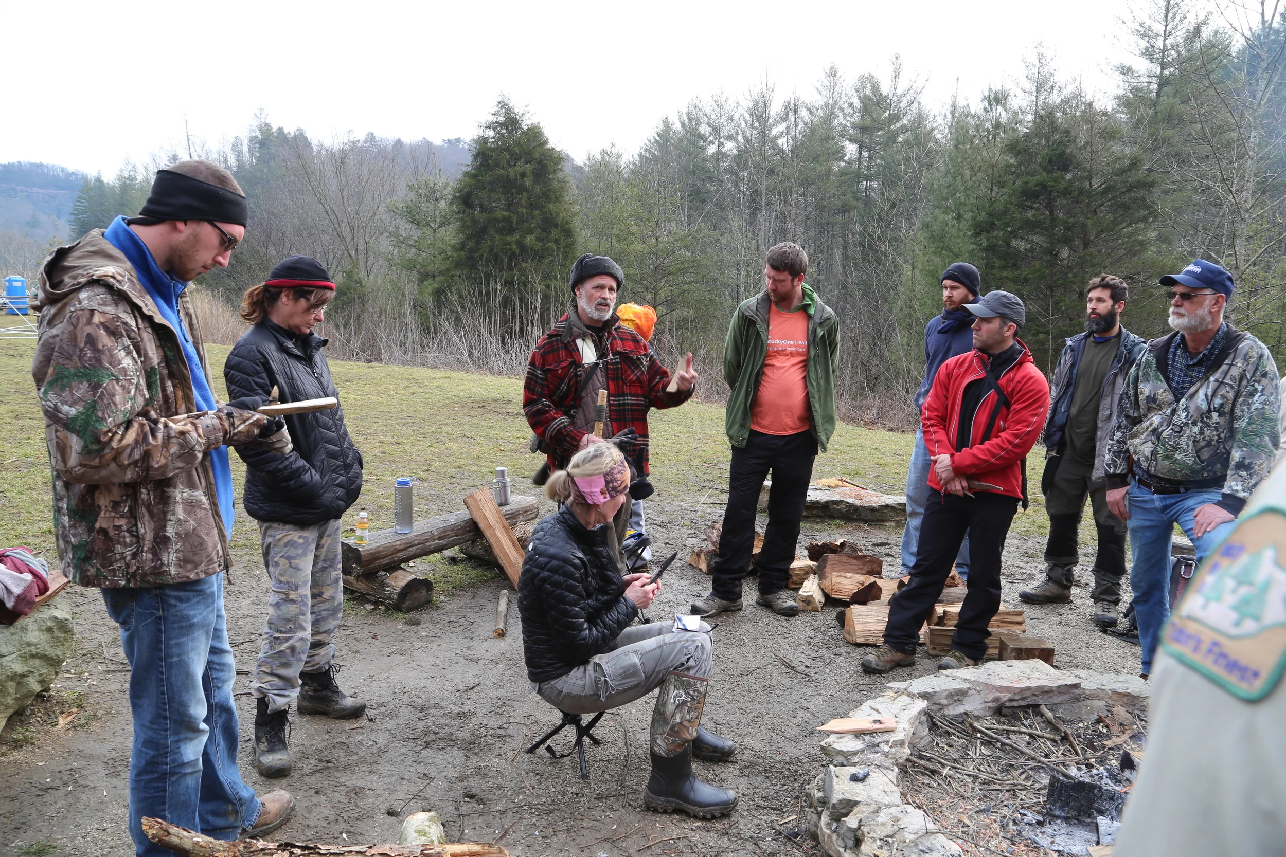 Morning survival instruction around the fire pit in the group camp area above the Middle Fork Campground. Photo by Todd Nystrom.