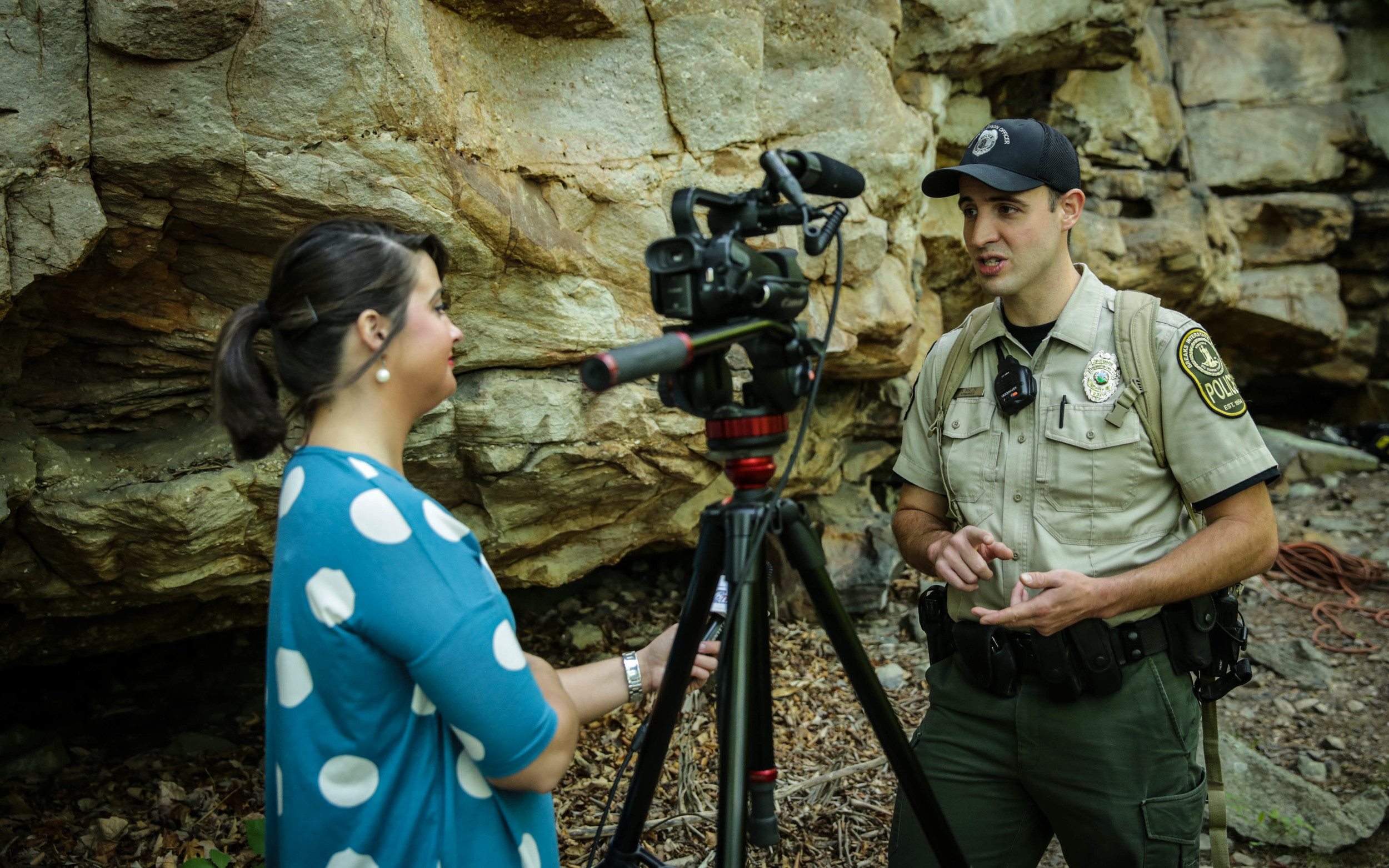 A reporter from Eastern Kentucky Broadcast -TV interviews Austin Bradley, Breaks Interstate Park on the inaugural day of sanctioned rock climbing at the 4,500 acre park shared between the states of Kentucky and Virginia. Photo: Gerry Seavo James