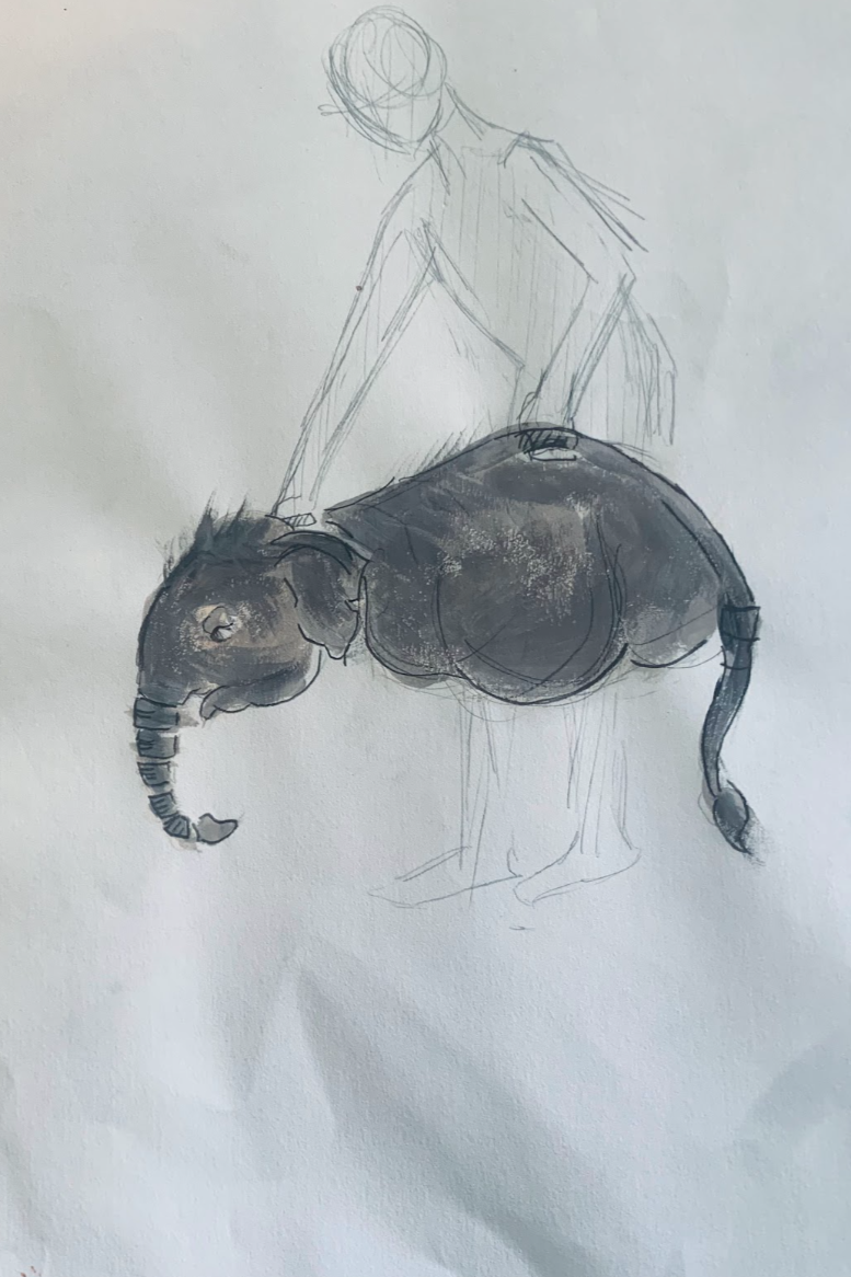 Concept sketch of a person puppeteering a baby elephant
