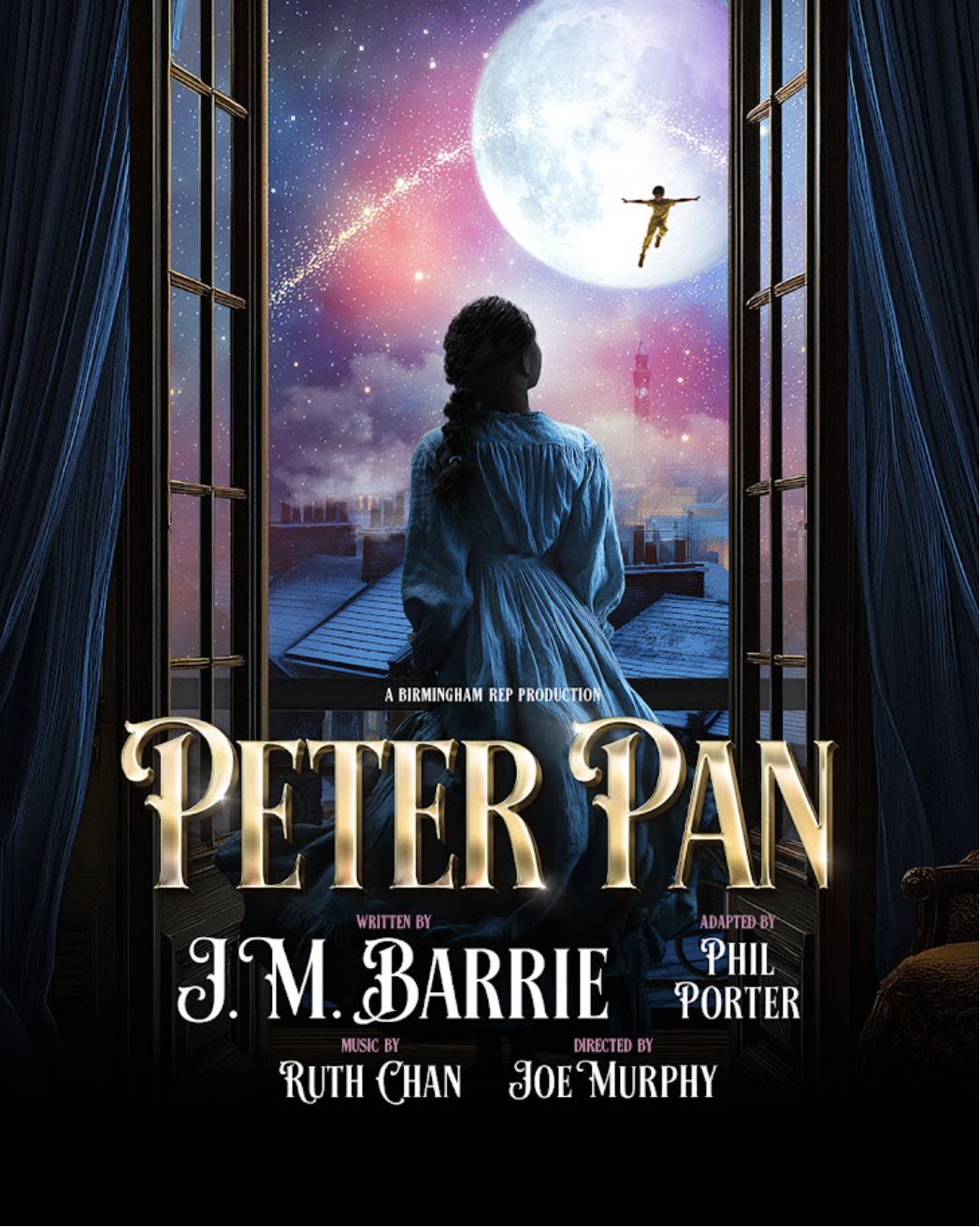 Peter Pan theater poster showing a girl at an open window watching Peter Pan fly across a full moon over a city skyline.