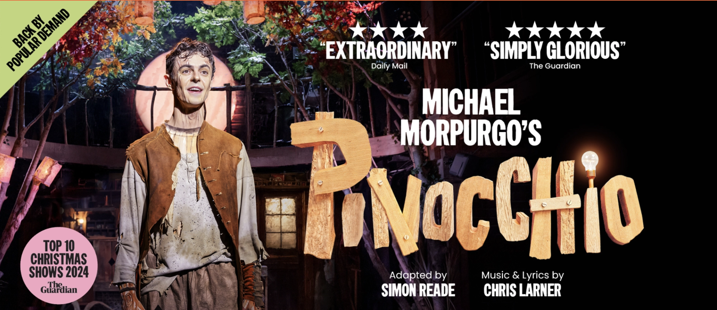 Promotional banner for Michael Morpurgo’s stage adaptation of Pinocchio, featuring a puppet-like character, wooden Pinocchio lettering, five-star reviews, and Christmas show accolades.
