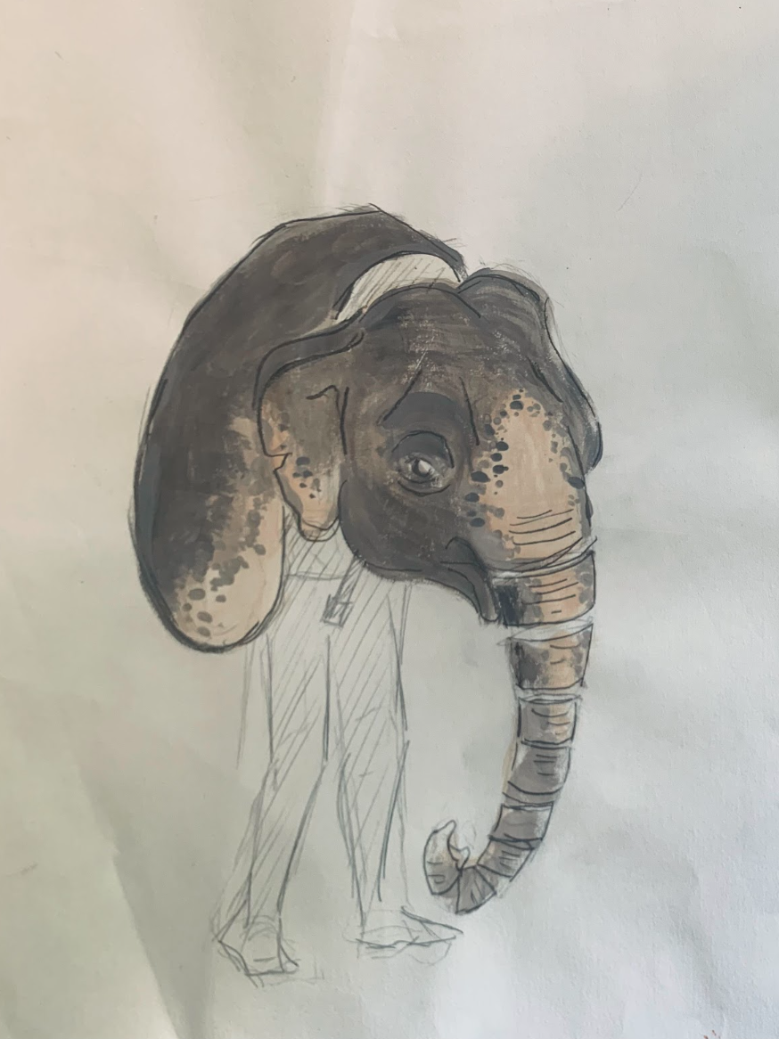 Hand-drawn illustration of a elephant puppet with large ears, a long curled trunk, and shaded gray-pink skin.