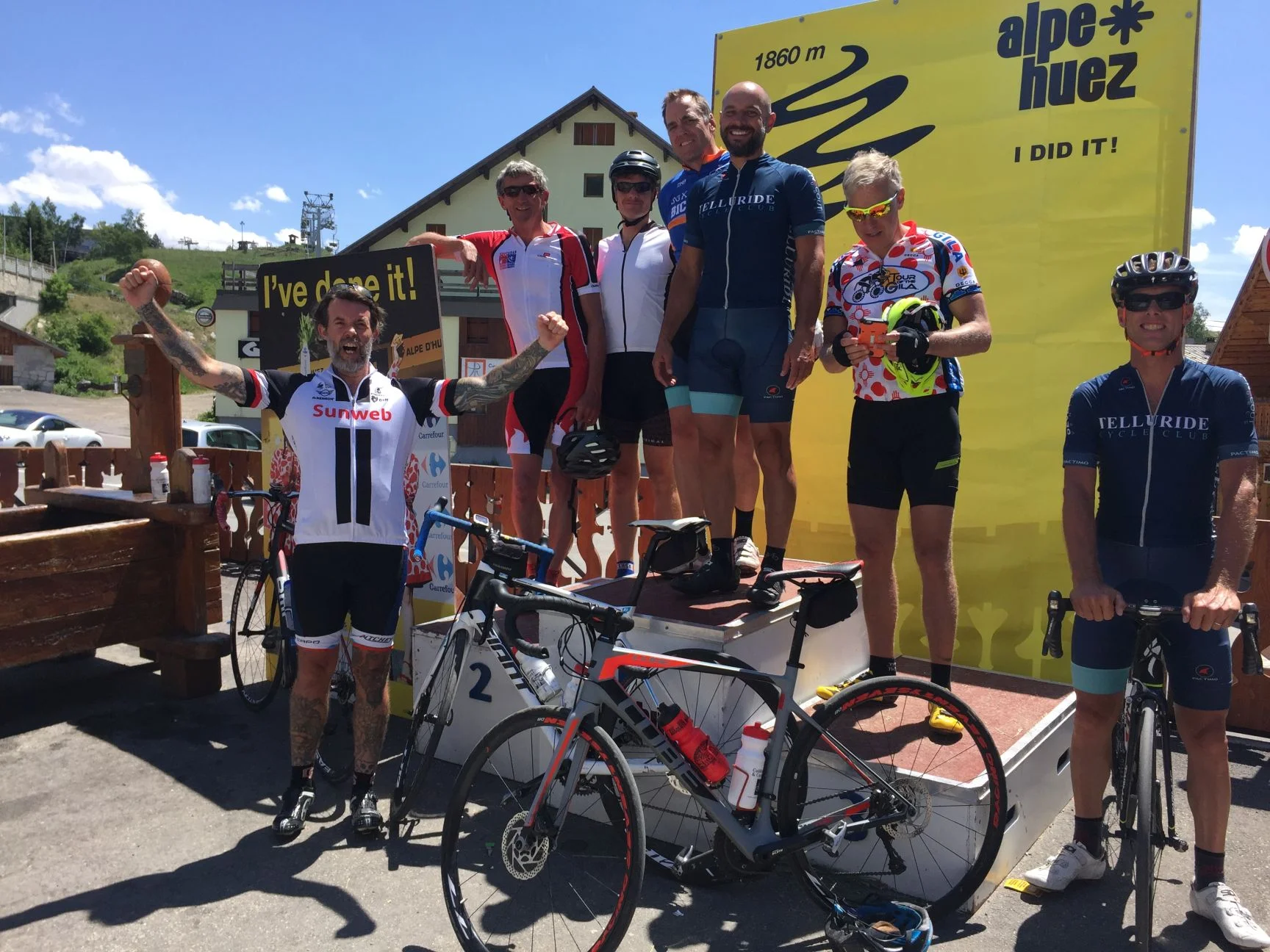 Feeling awkward on the tourist podium at the top of Alpe d'Huez