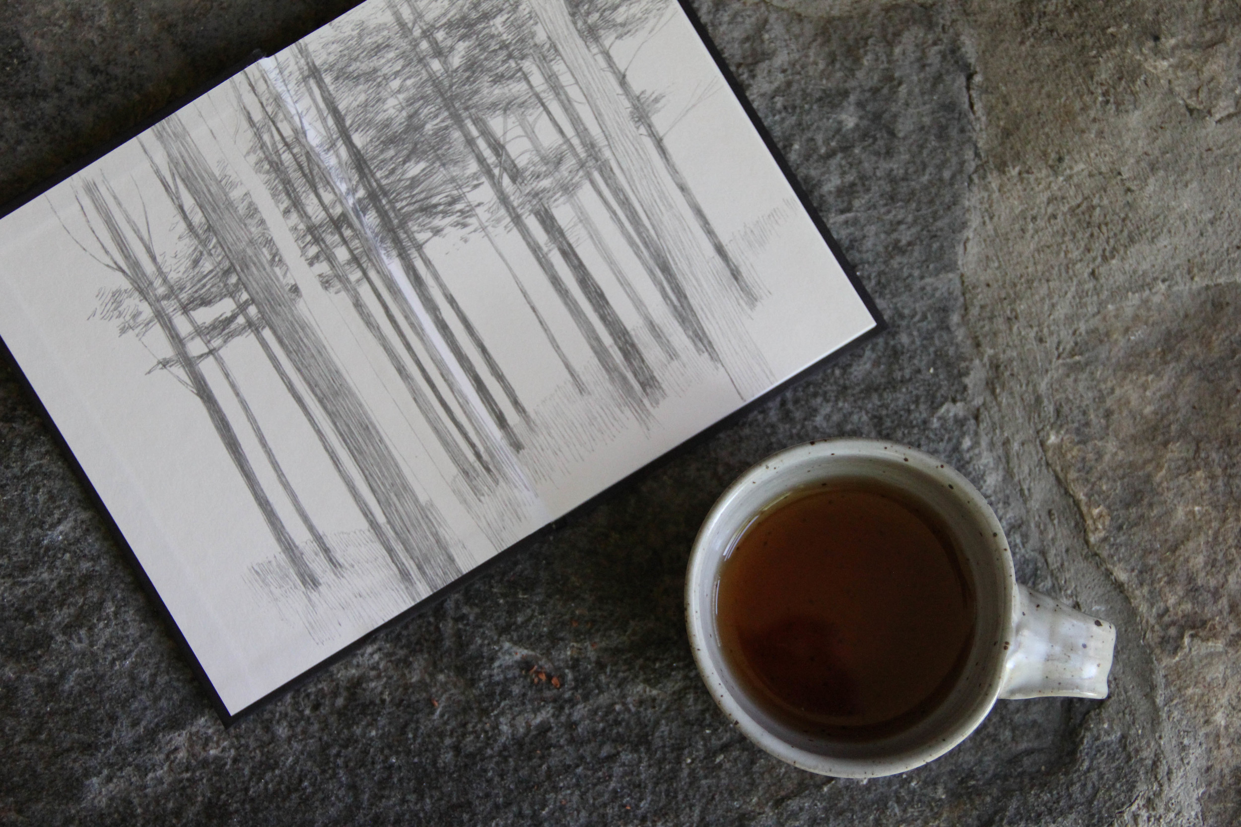 stone hearth with teacup and book