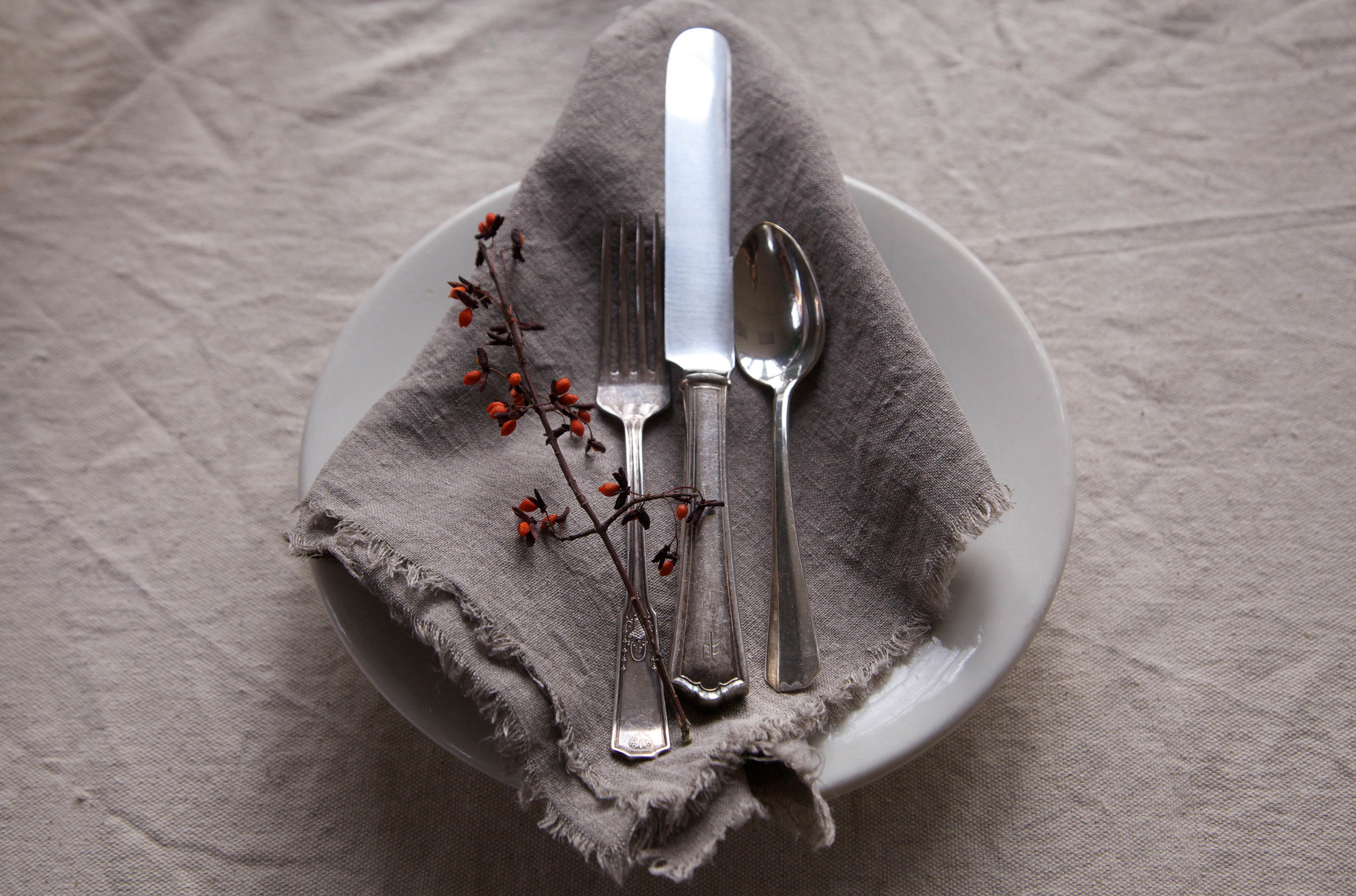 linen napkin with vintage silverplate