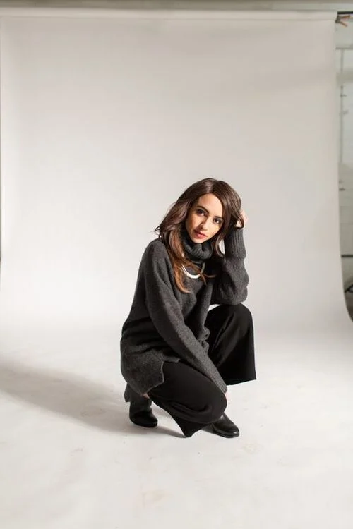 Rosa wears Steven Alen turtle neck and pants, Gamma Folk necklace and Rachel Comey shoes.