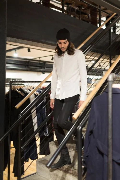 Maxwell styled in Carhartt WIP beanie and Brooklyn Tailors button up.