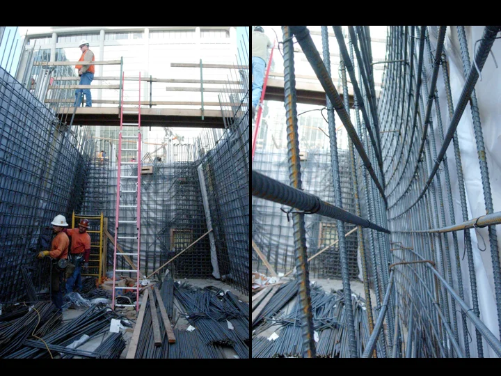 Self-consolidating concrete is very viscous, so aggregate can still pass evenly through the reinforcing steel despite the density. 