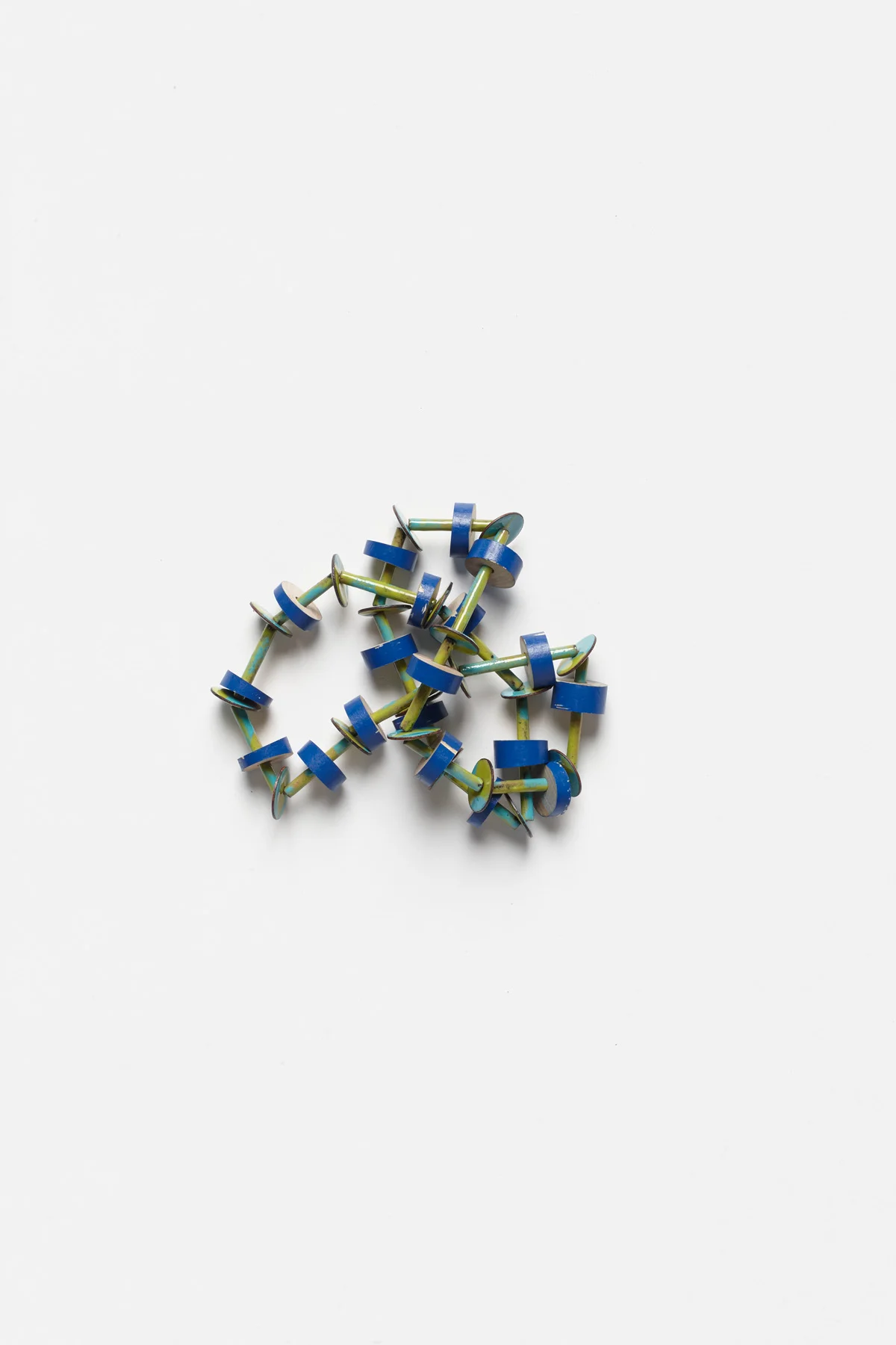 Make a Sound , 2013. Deconstructed wooden block toys, copper, enamel, thread. Photo by Jeremy Dillon.