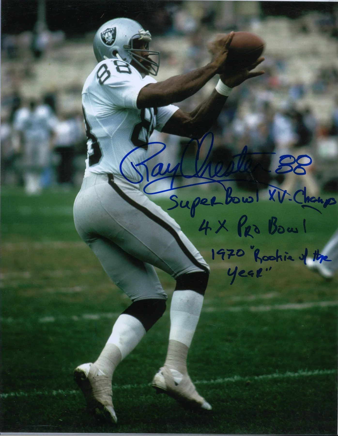 Raymond Chester Raiders Autographed Photo w/ Inscriptions